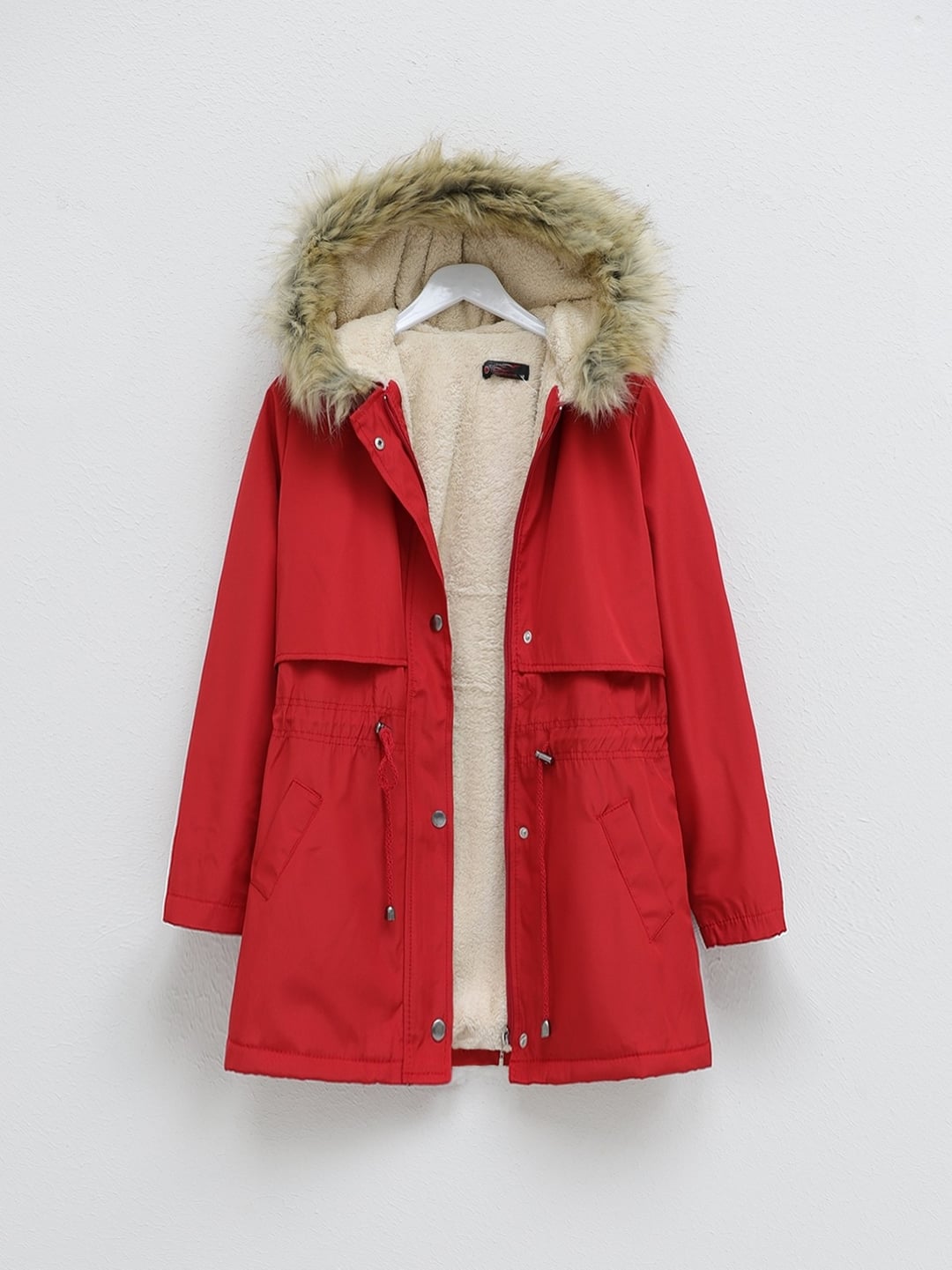 Red Faux Fur Hooded Sherpa-Lined Winter Coat with Bolero Detail - Podyumplus - by Peralane - photo 3