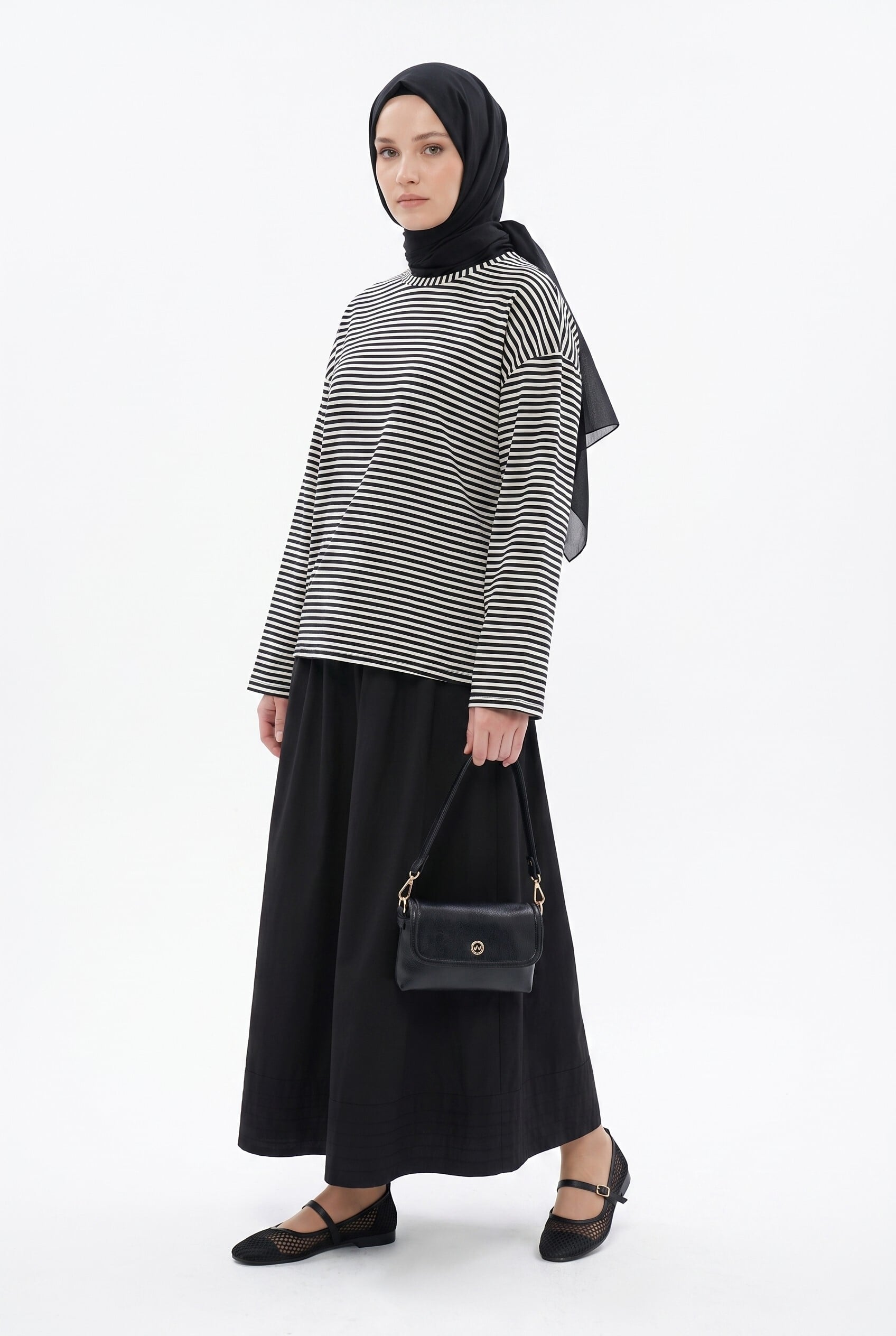 Striped Viscose Sweatshirt with Crew Neck - Black - Podyumplus - by Peralane - photo 9