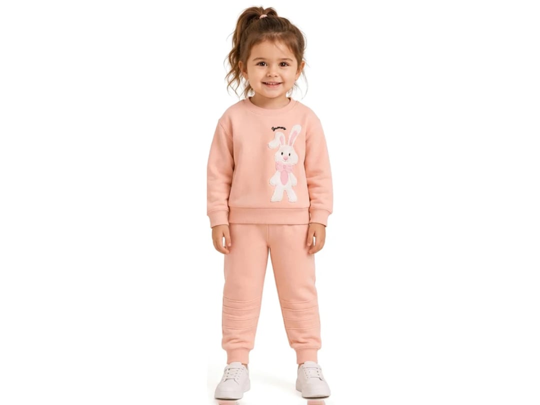Girls' 3-Thread Fleece Sweatshirt and Trousers Set with Rabbit Embroidery - Powder - Bittos Kids - by Peralane