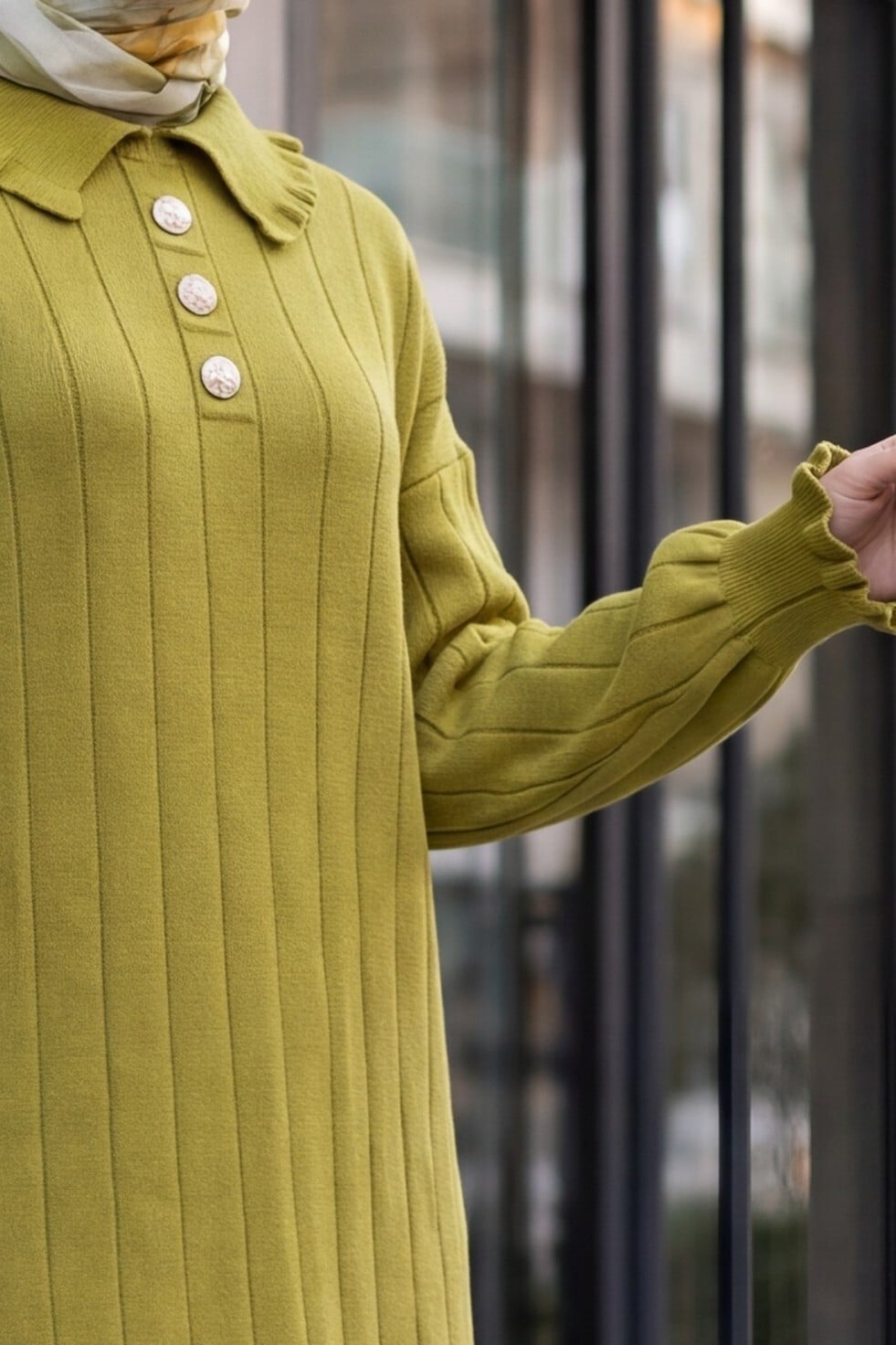 Ruffled Collar and Hem Button Detail Ribbed Knit Dress - Olive Green - Podyumplus - by Peralane - photo 7