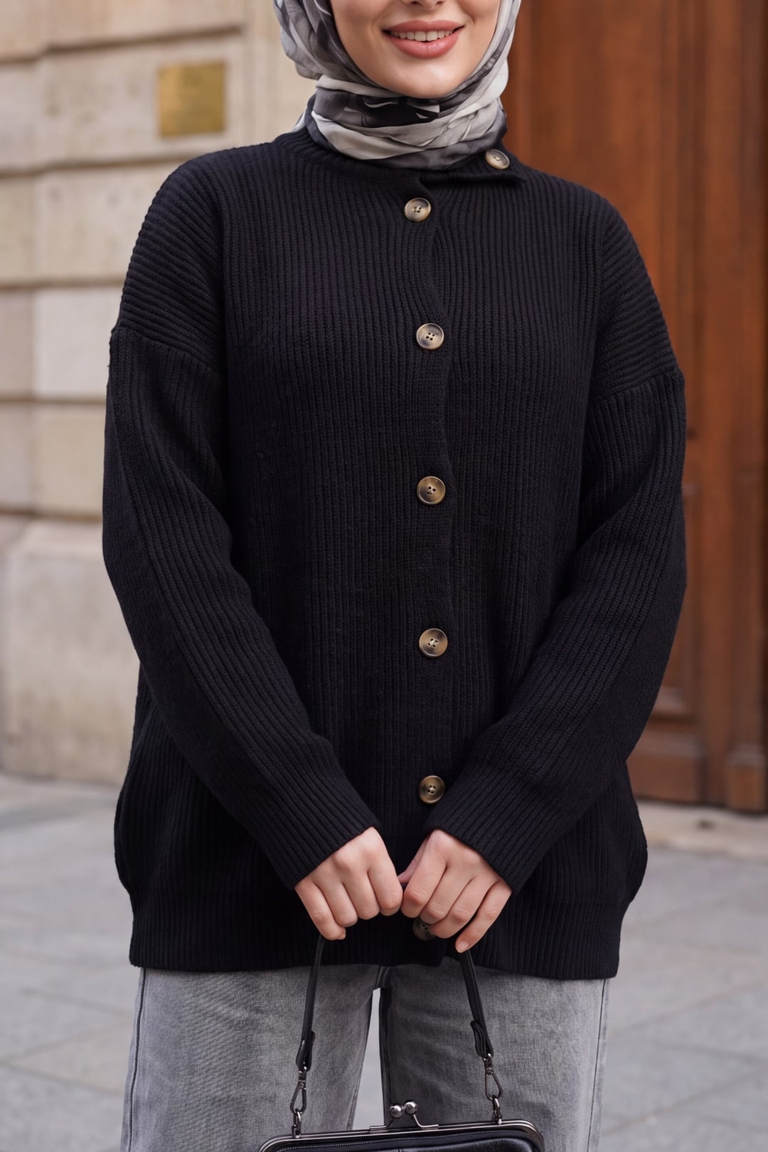 Half-Collar Button-Front Casual Knit Cardigan - Black - Podyumplus - by Peralane - photo 5