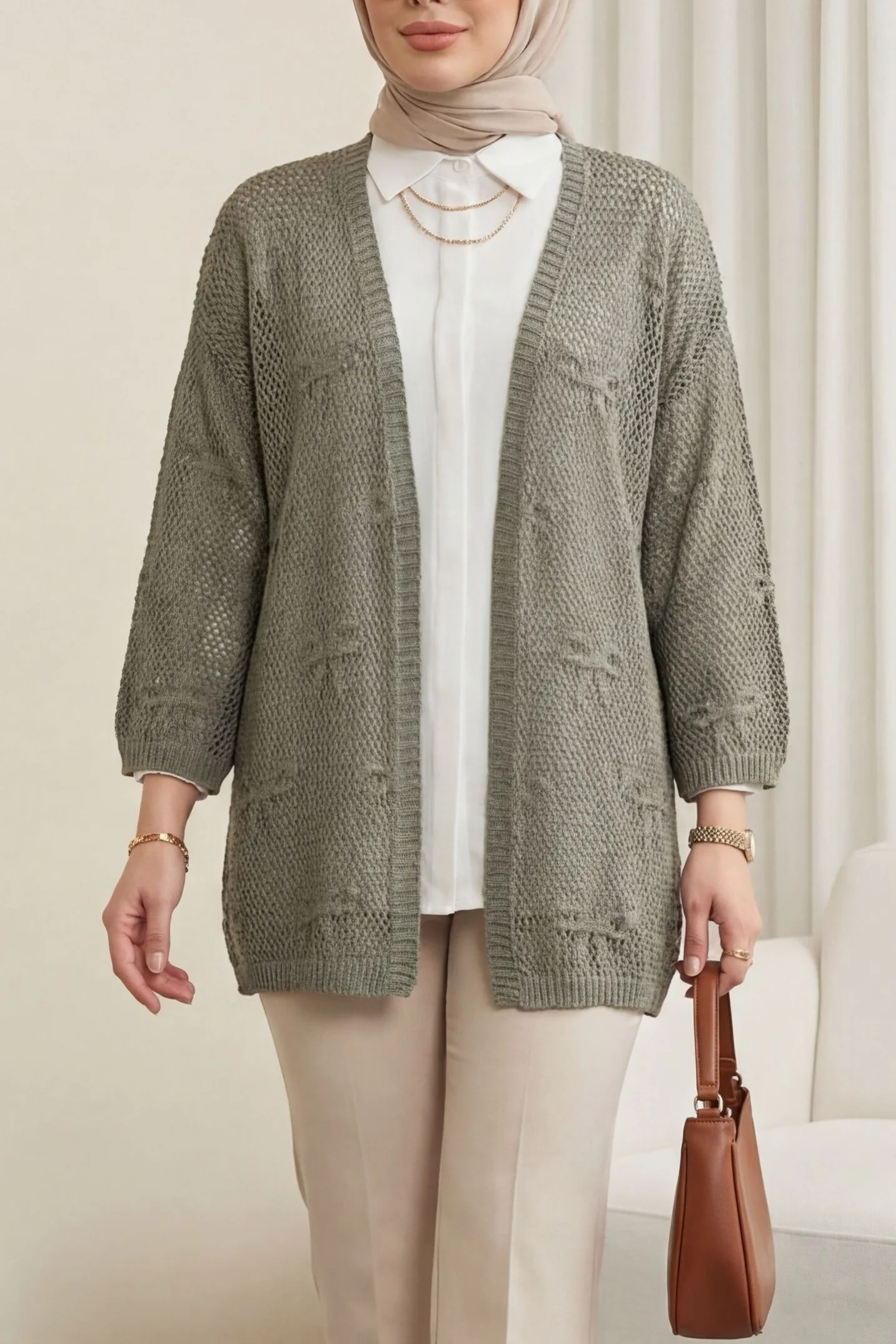 Bow Patterned Open-Knit Cardigan - Olive Green - Podyumplus - by Peralane