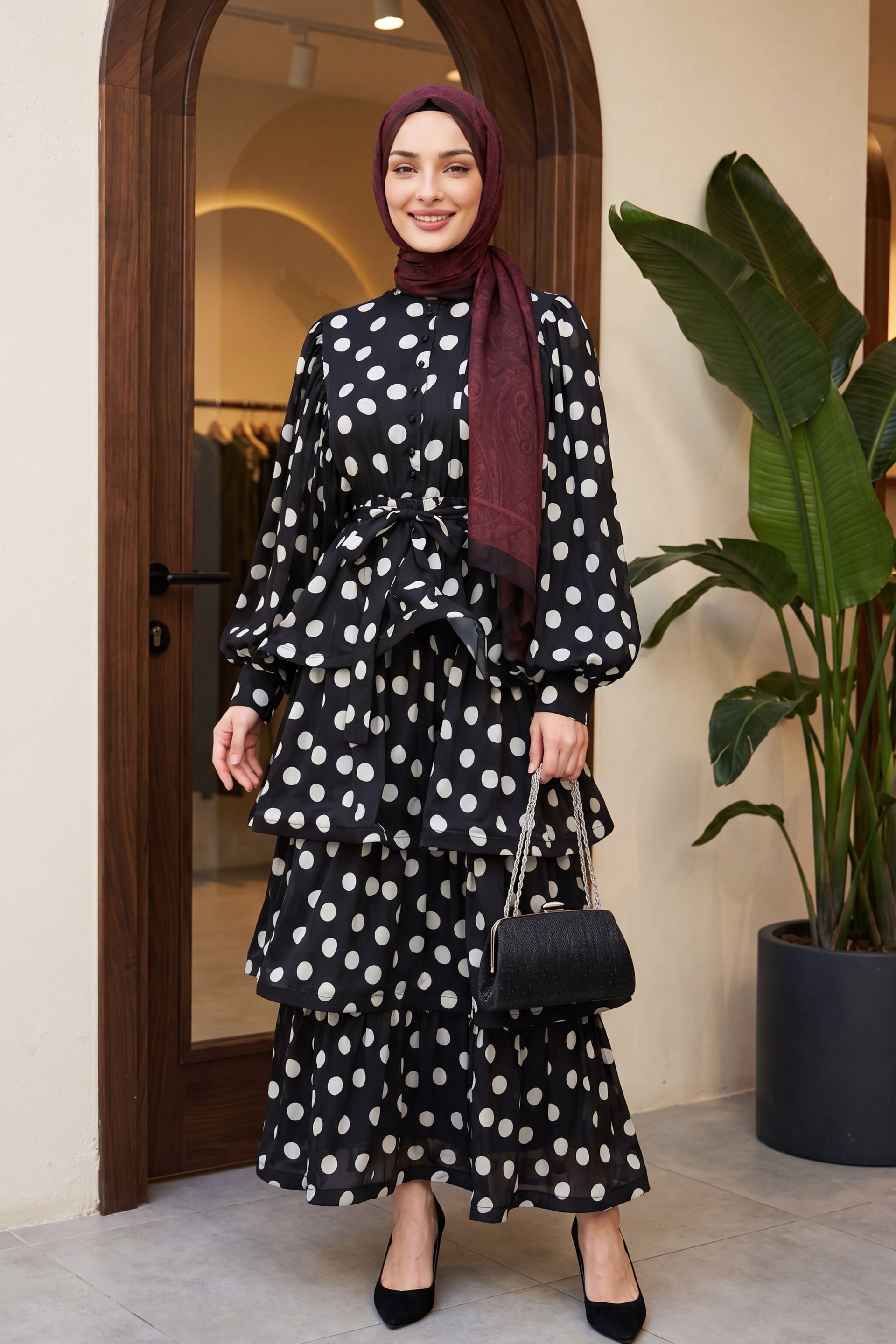 Polka Dot Tiered Button Tie Waist Batwing Sleeve Satin Dress - Black - Podyumplus - by Peralane - photo 2