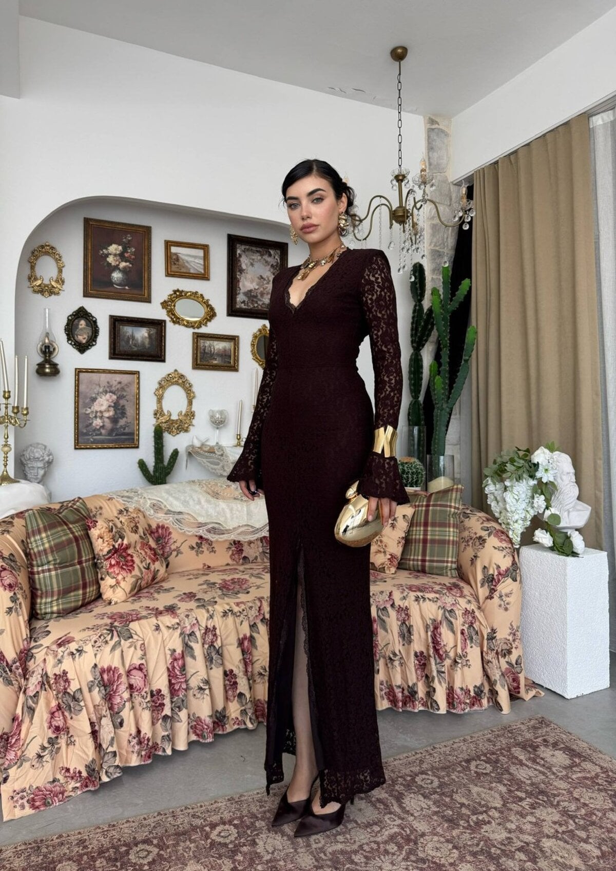 Lace V-Neck Long Dress with Flared Sleeves - Dark Brown - Etika - by Peralane - photo 8