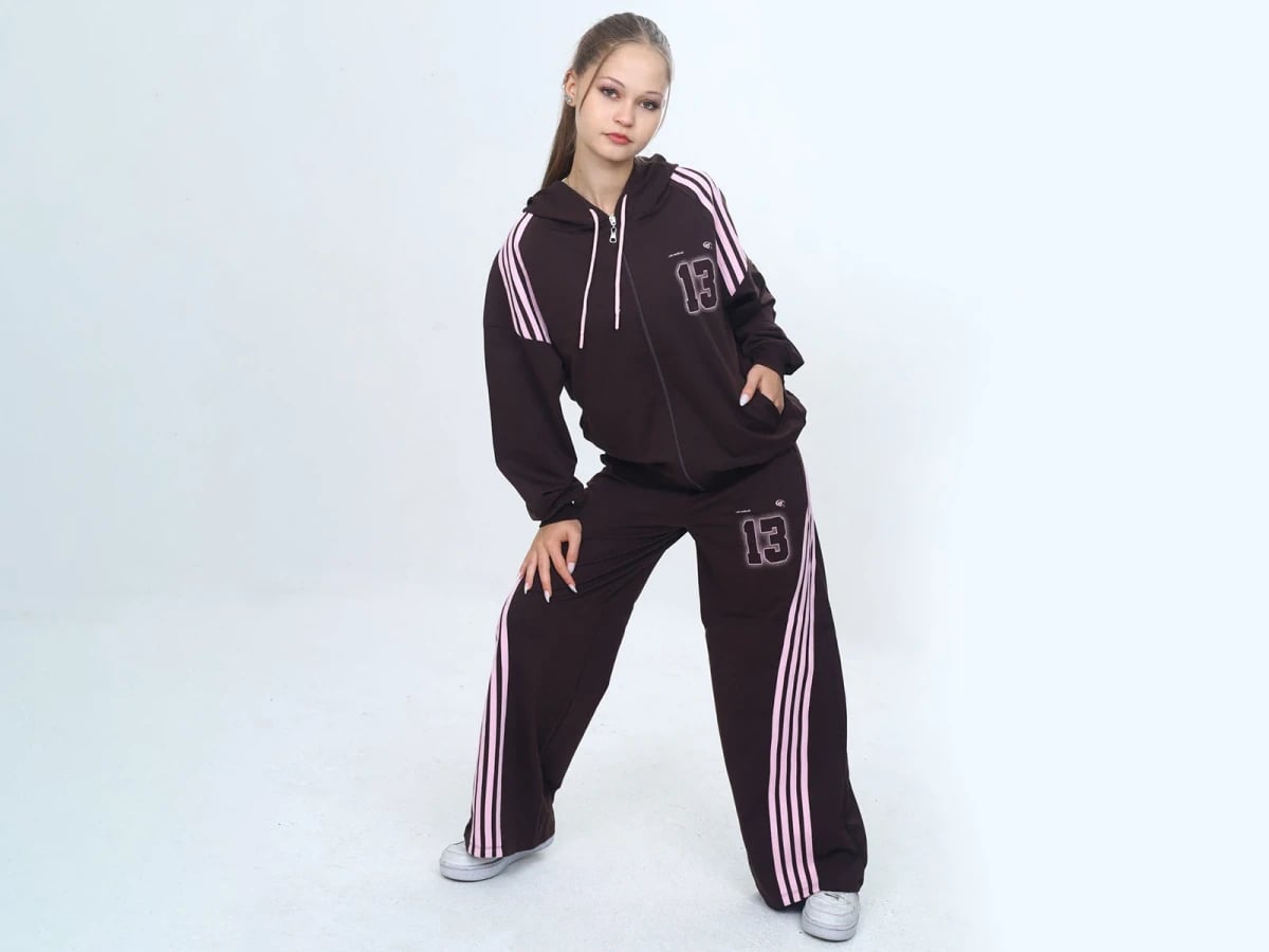Girls' Striped Zip-Up Tracksuit Set with 13 Motif - Dark Brown - Vizviz - by Peralane