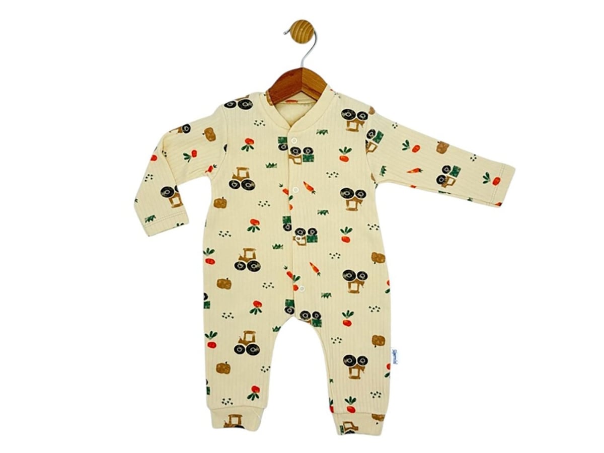 Tractor Pattern Baby Romper with Feet – Brown – Pack of 3 - Supermini - by Peralane