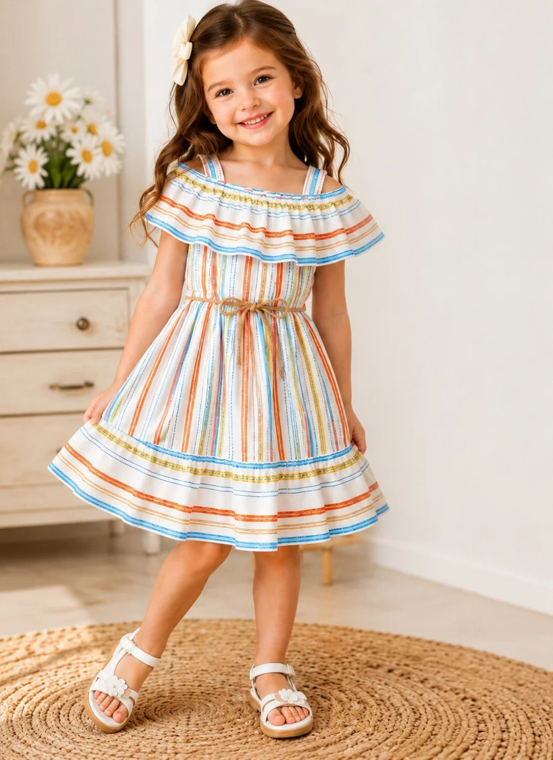 Girl's Striped Off-Shoulder Dress with Ruffle Sleeves (3-6 Years) - Interkidsy - by Peralane