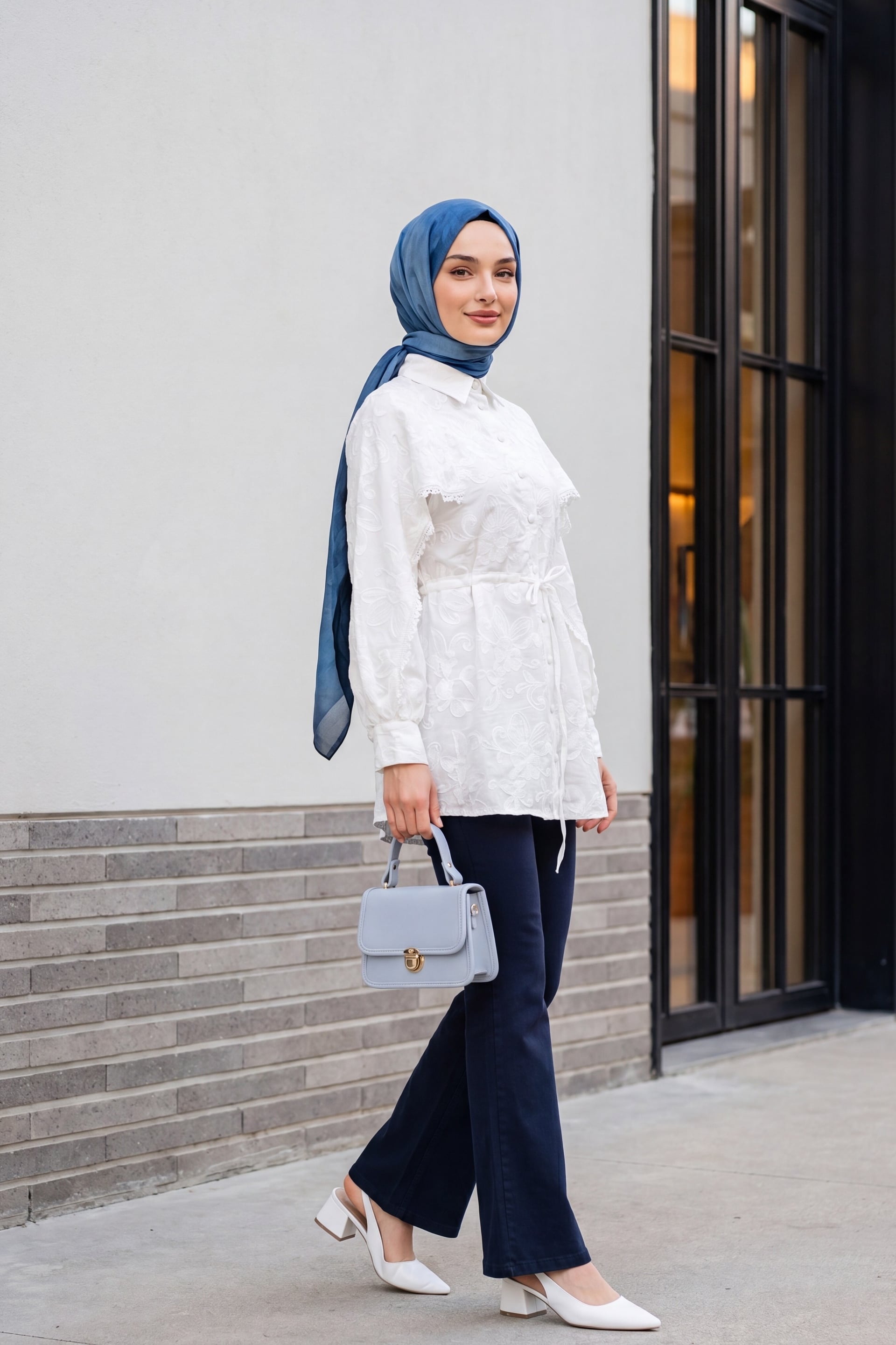White Linen Tunic with Lace and Embroidery Detail, Tie Waist, Lined - Podyumplus - by Peralane - photo 6