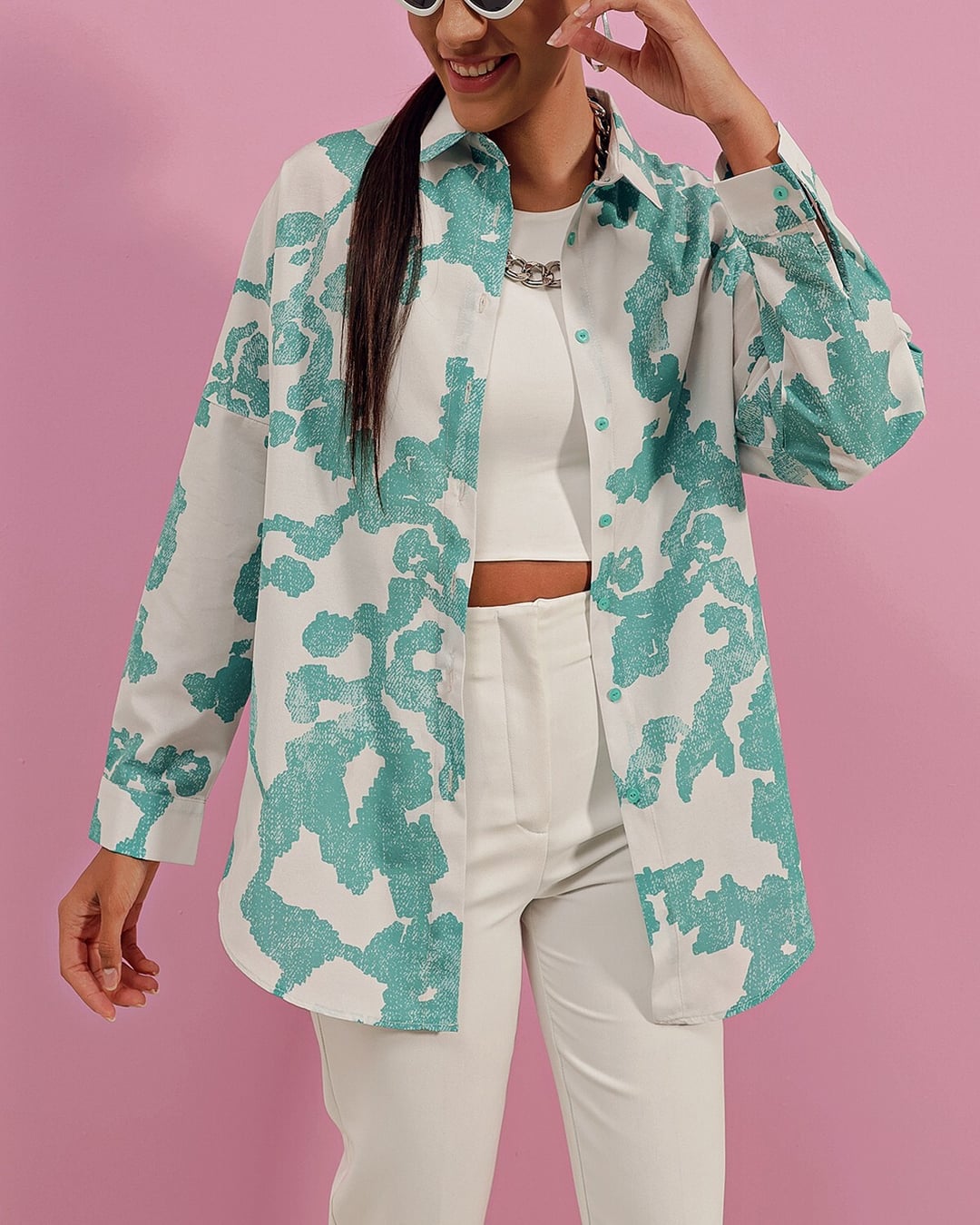 Oversize Long Basic Shirt with Abstract Floral Print - Mint - Bigdart - by Peralane - photo 2