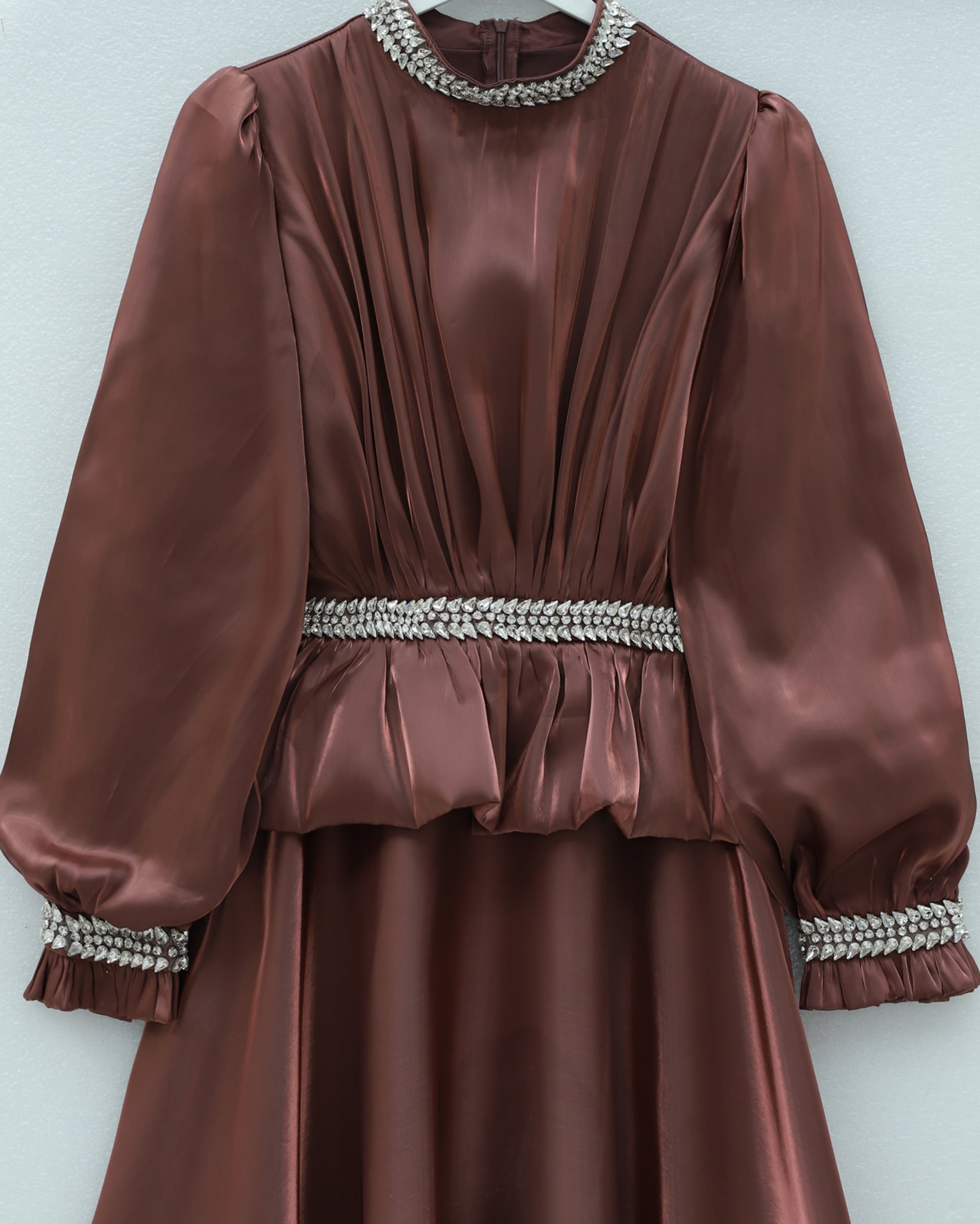 Satin Evening Dress with Ruffled Waist Detail and Rhinestone Embellishments - Dark Gray - Podyumplus - by Peralane - photo 4