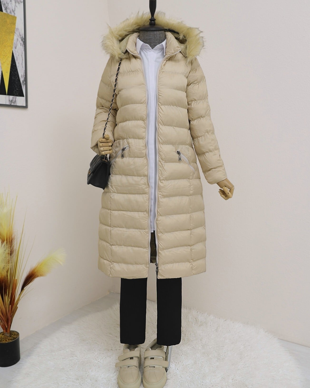 Women's Puffer Coat with Detachable Hood and Faux Fur Trim - Stone - Podyumplus - by Peralane - photo 2