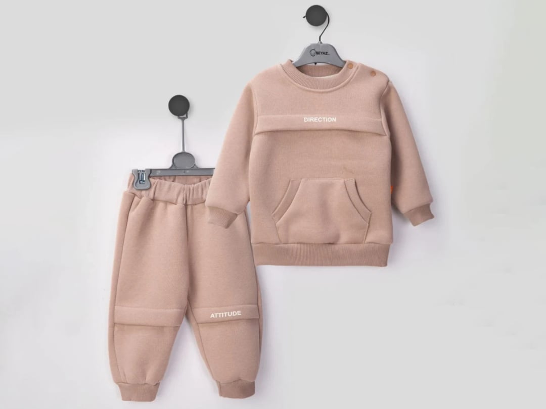 Direction Printed Kangaroo Pocket 3-Piece Baby Set - Brown - Beyaz Bebek - by Peralane