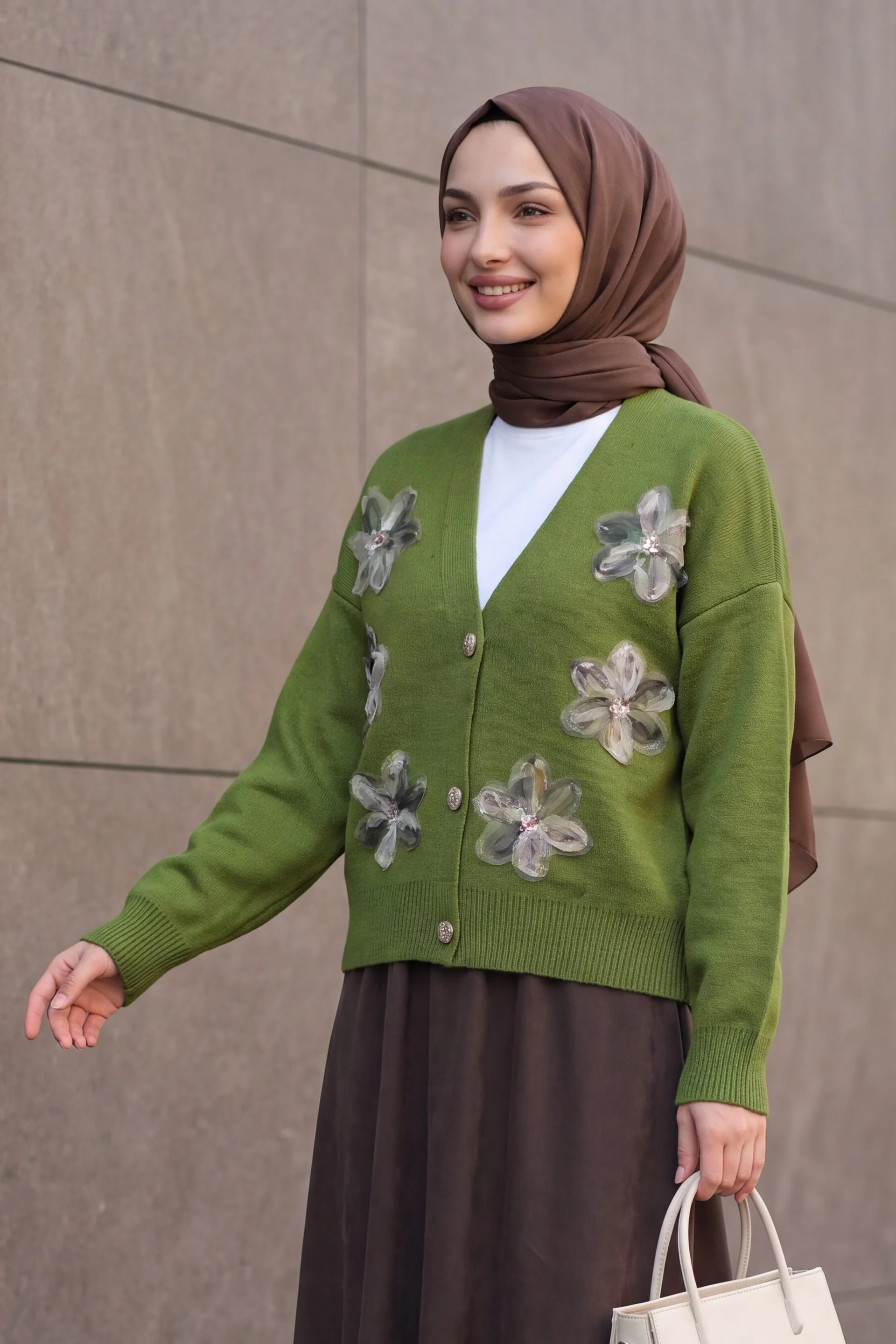 Sequin and Floral Beaded Knit Cardigan - Khaki - Podyumplus - by Peralane