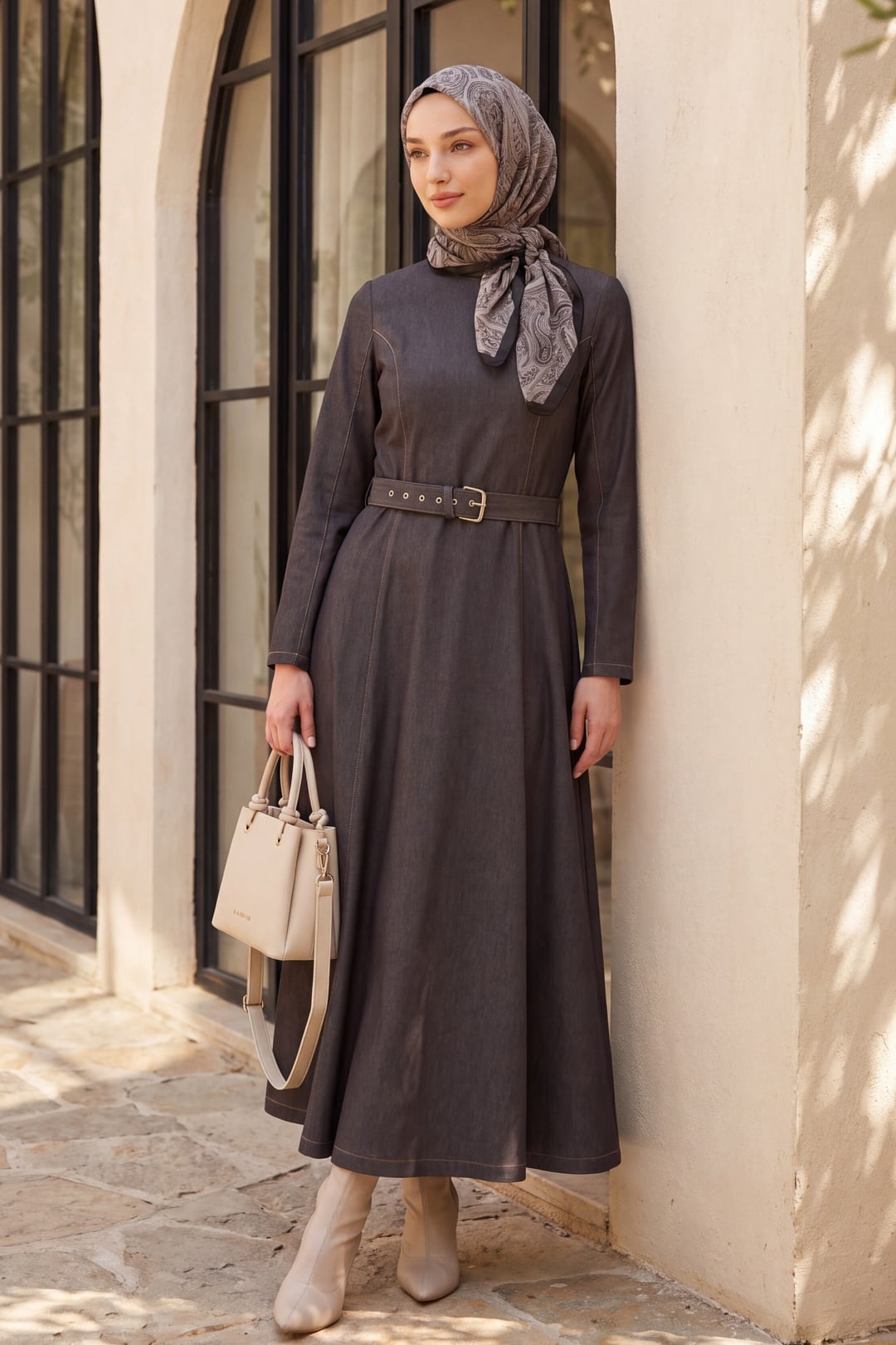 Flared Skirt Zip Belted Denim Dress - Light Brown - Podyumplus - by Peralane - photo 2