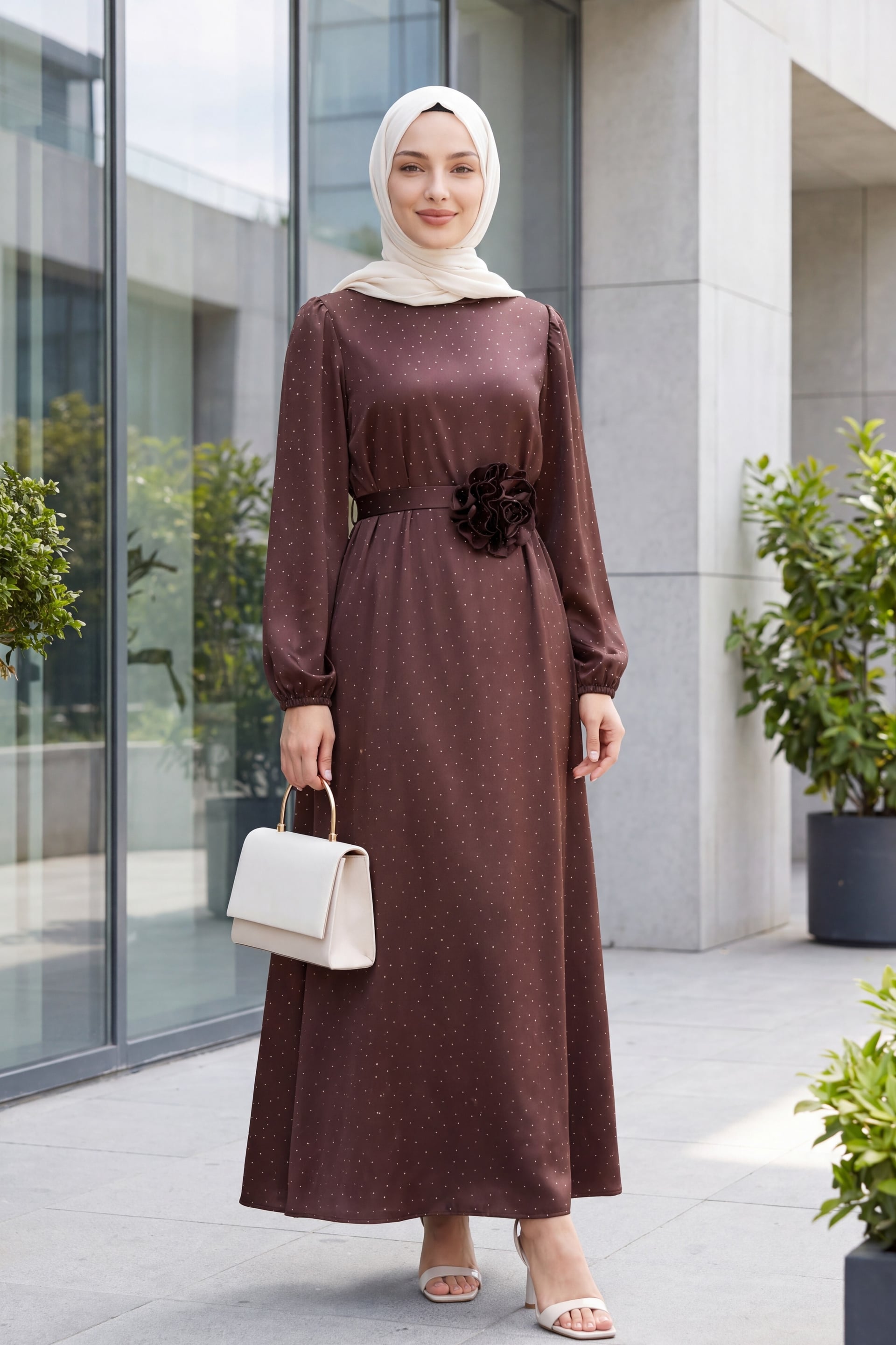 Brown Satin Dress with Balloon Sleeves and Belt - Podyumplus - by Peralane