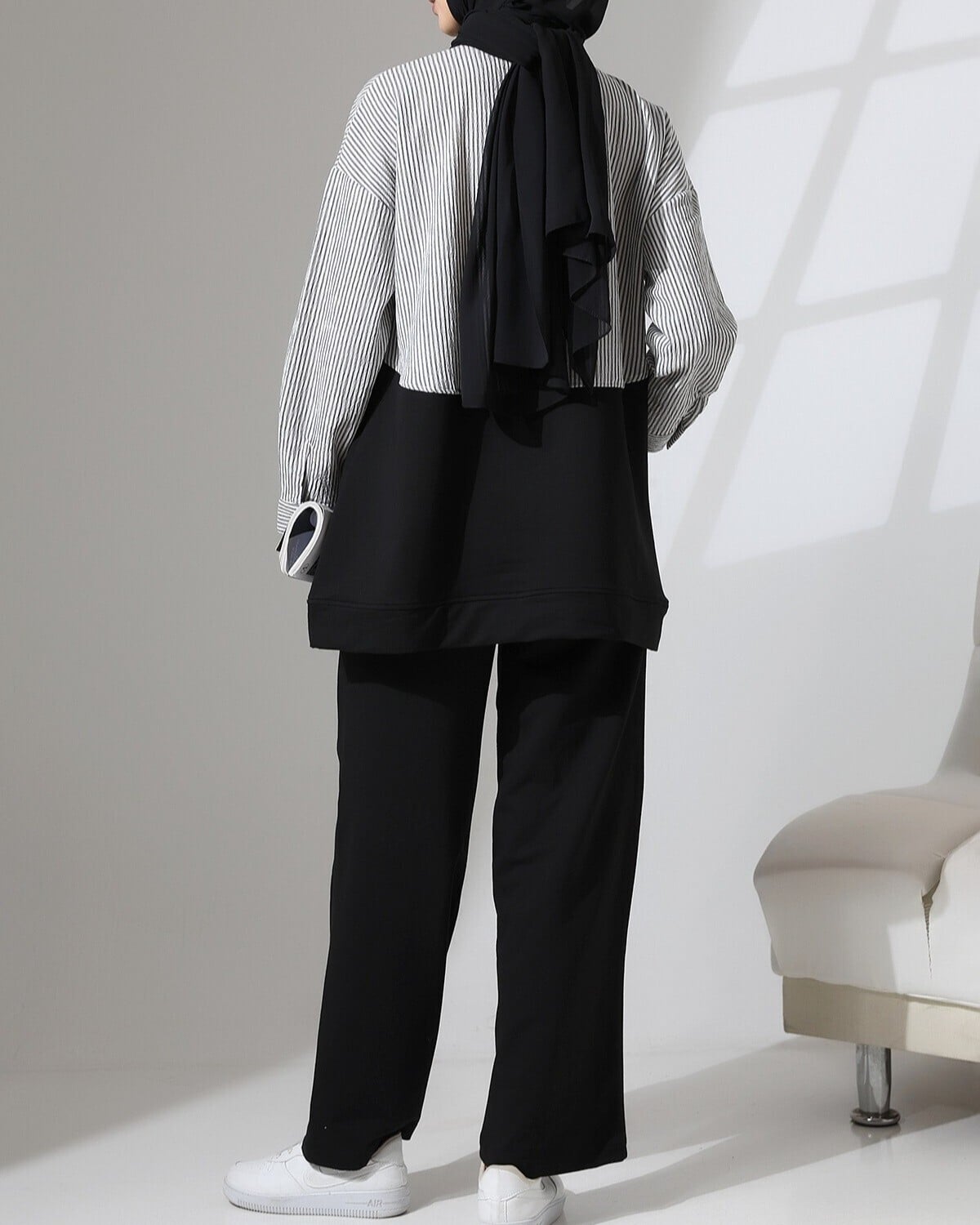 Striped Shirt Detail Two-Piece Set - Black - Podyumplus - by Peralane - photo 5