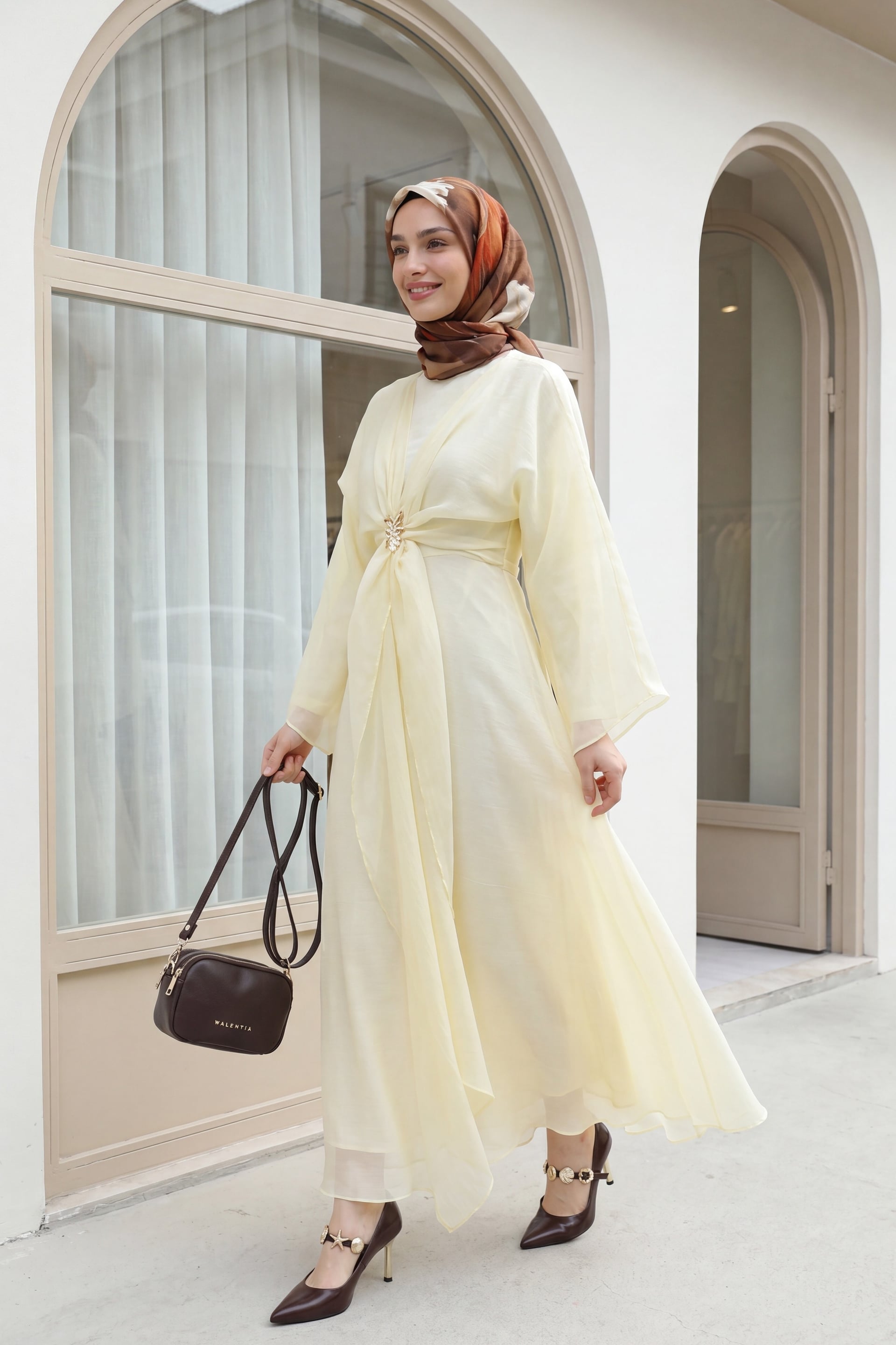 Long Tulle Modal Dress with Detachable Bolero and Tie Belt - Yellow - Podyumplus - by Peralane - photo 2