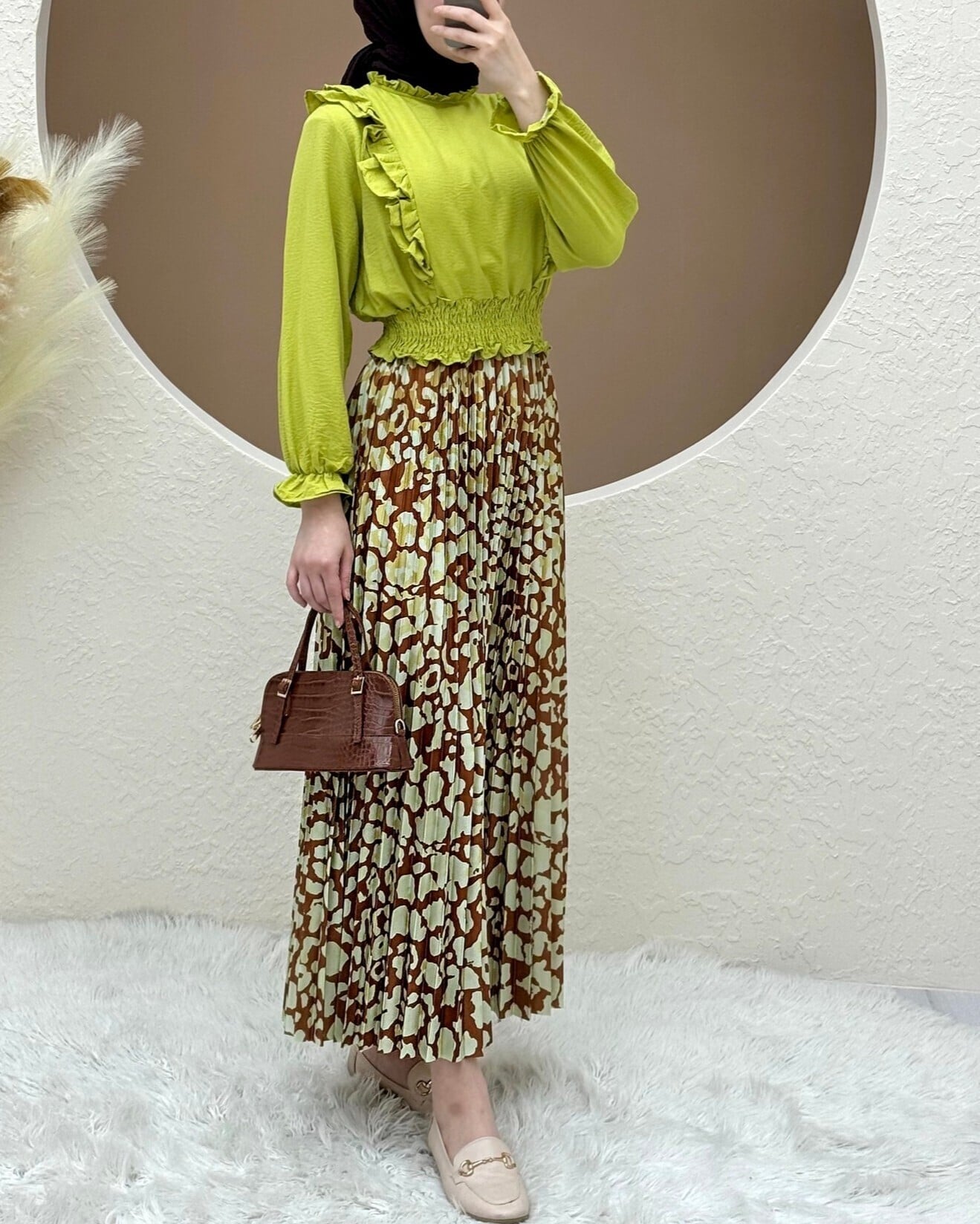 Women's Pleated Digital Print Midi Skirt - Tan - Podyumplus - by Peralane - photo 3