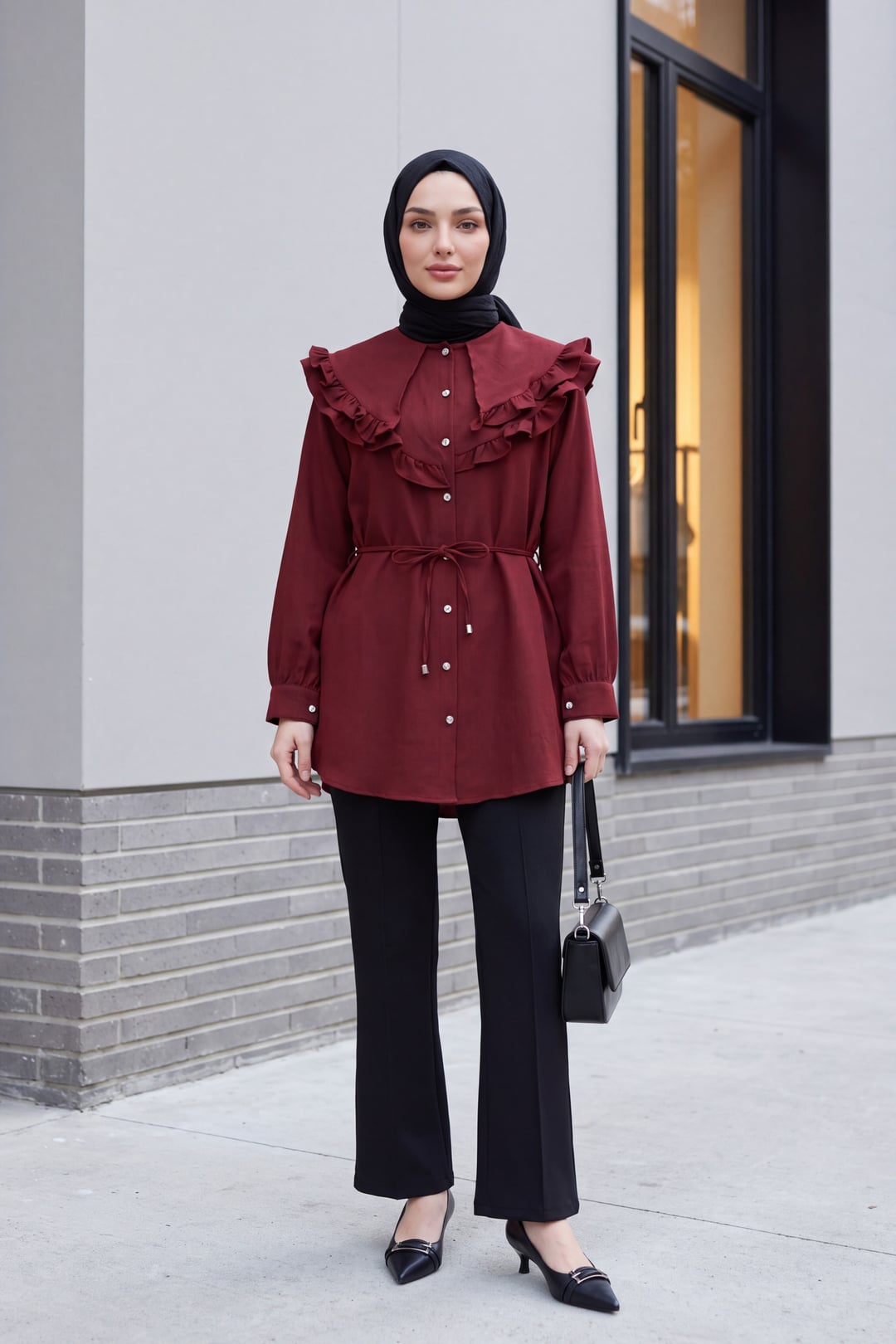 Double-Layer Ruffled Collar Buttoned Tie-Waist Linen Look Tunic - Burgundy - Podyumplus - by Peralane - photo 3