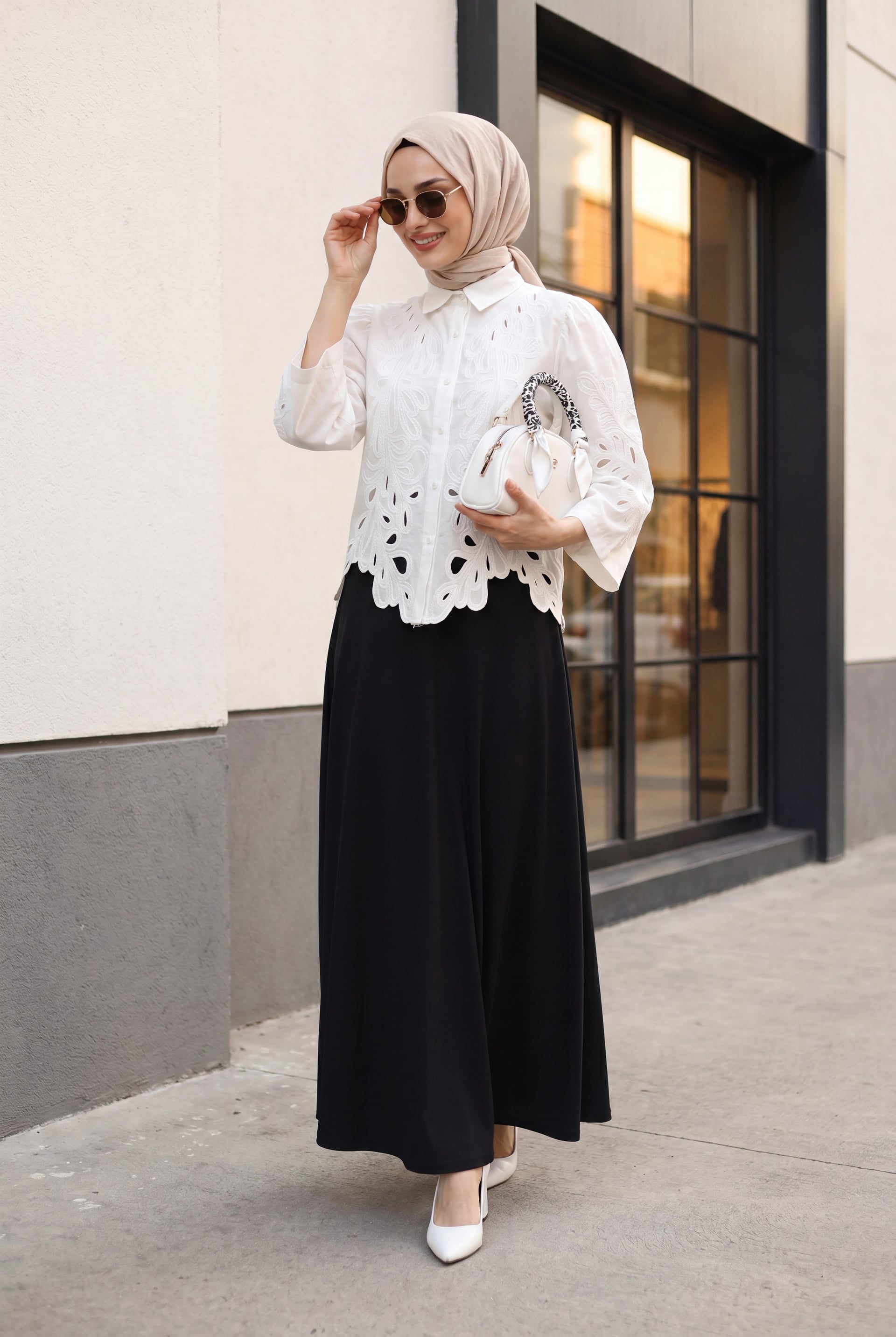 Wide Sleeve Embroidered Button Linen Shirt - White - Podyumplus - by Peralane