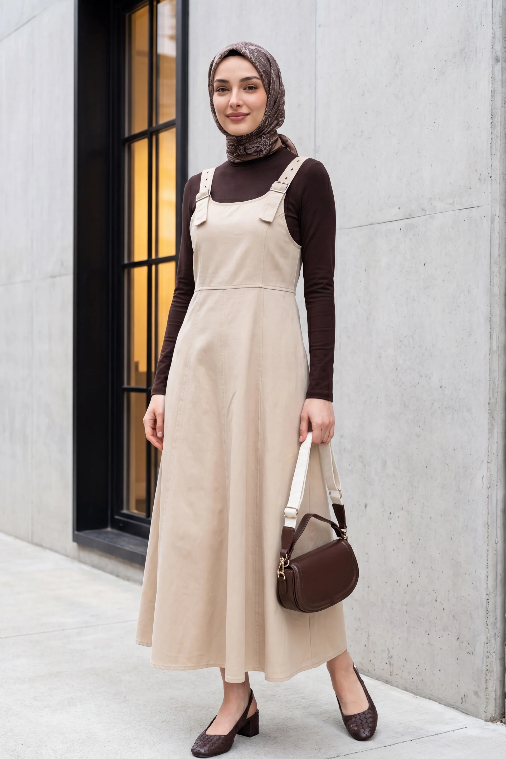 Half Zip Strap Gabardine Pinafore Dress - Beige - Podyumplus - by Peralane - photo 4