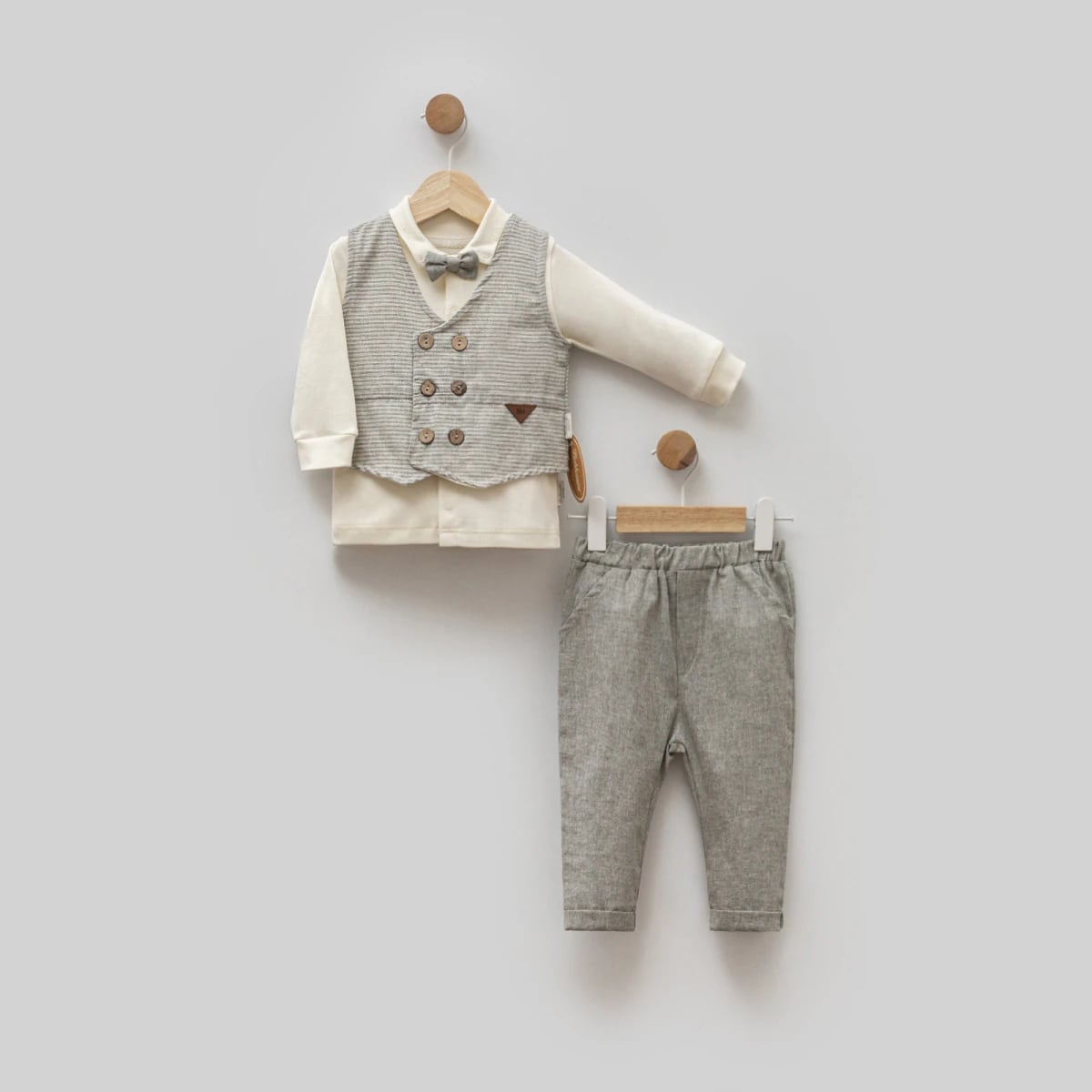 Baby Boy's 5-Piece Formal Set with Shirt, Waistcoat, Bow Tie and Trousers - Grey - Bebbemini - by Peralane