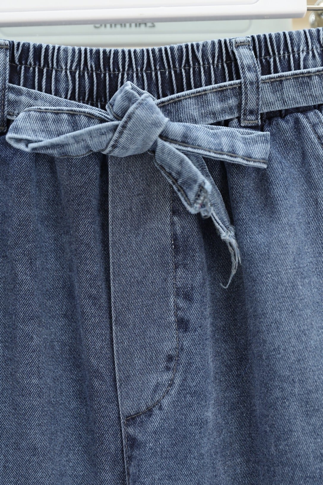 Wide Leg High Waist Elasticated Belted Denim Trousers in Ice Blue - Podyumplus - by Peralane - photo 4