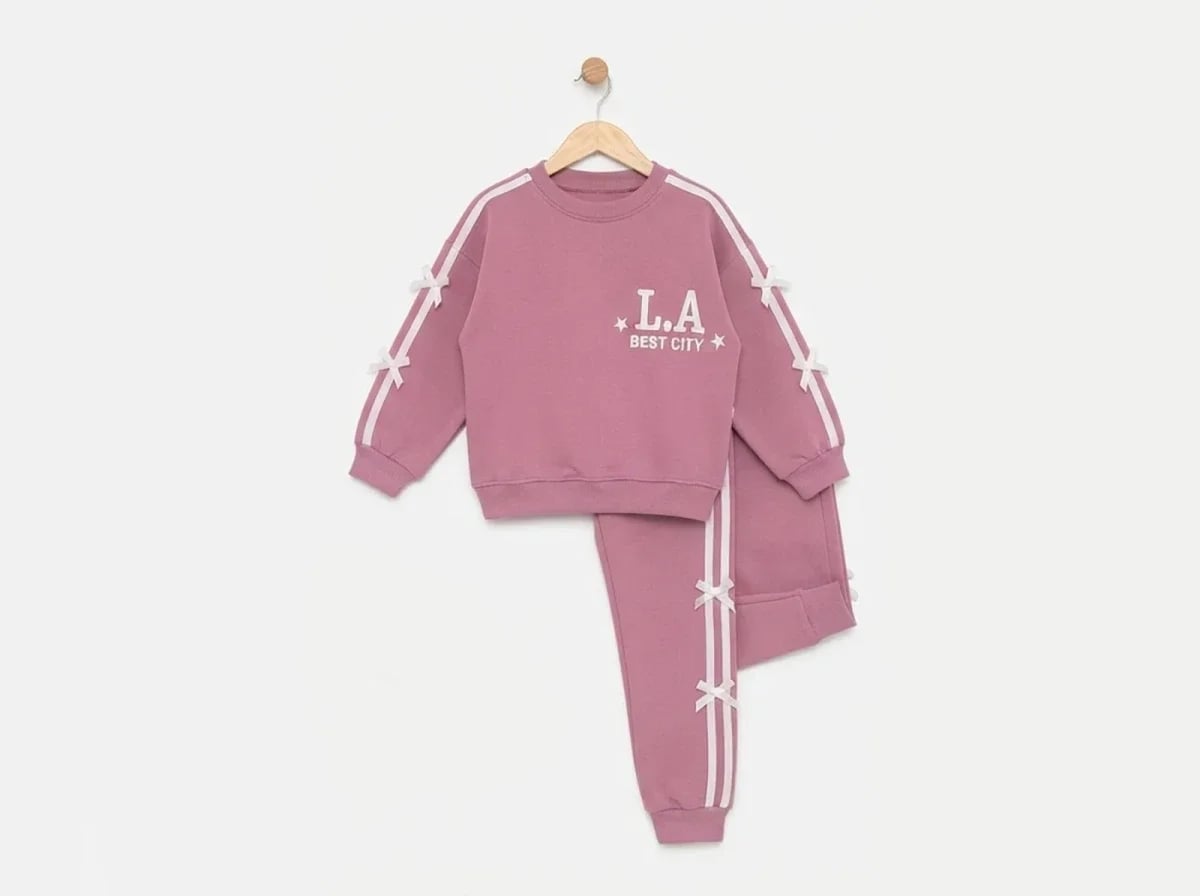 Girls' Dusty Rose Sweatshirt and Trousers Set with White Stripes and Bows - Feely Kids - by Peralane