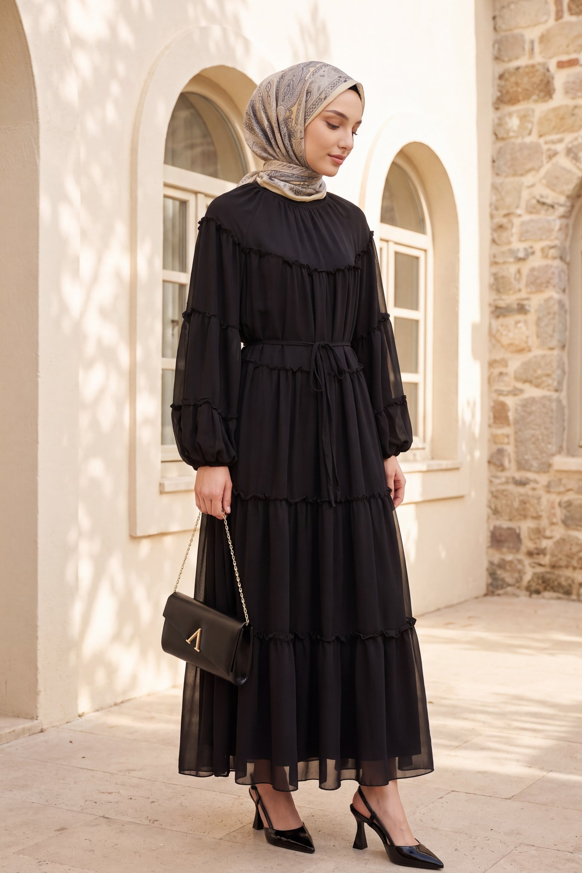 Tiered Ruffle Trim Tie-Waist Dress - Black - Podyumplus - by Peralane - photo 4