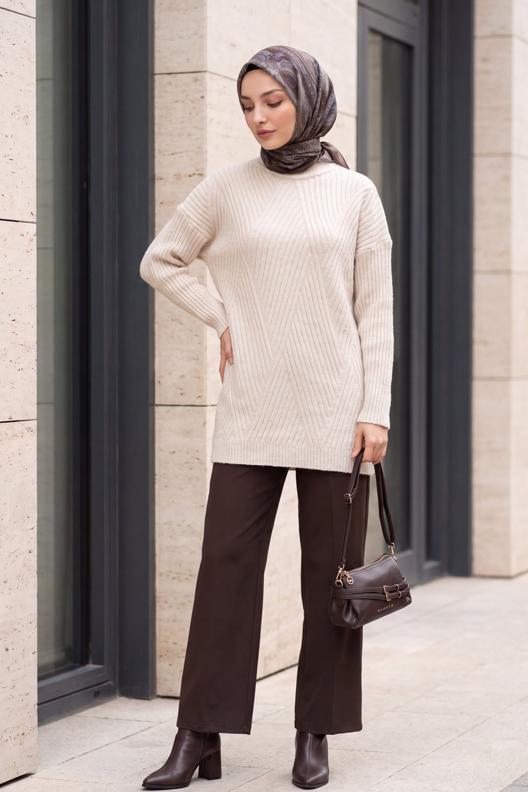 Chevron Pattern Knit Tunic - Stone - Podyumplus - by Peralane - photo 3