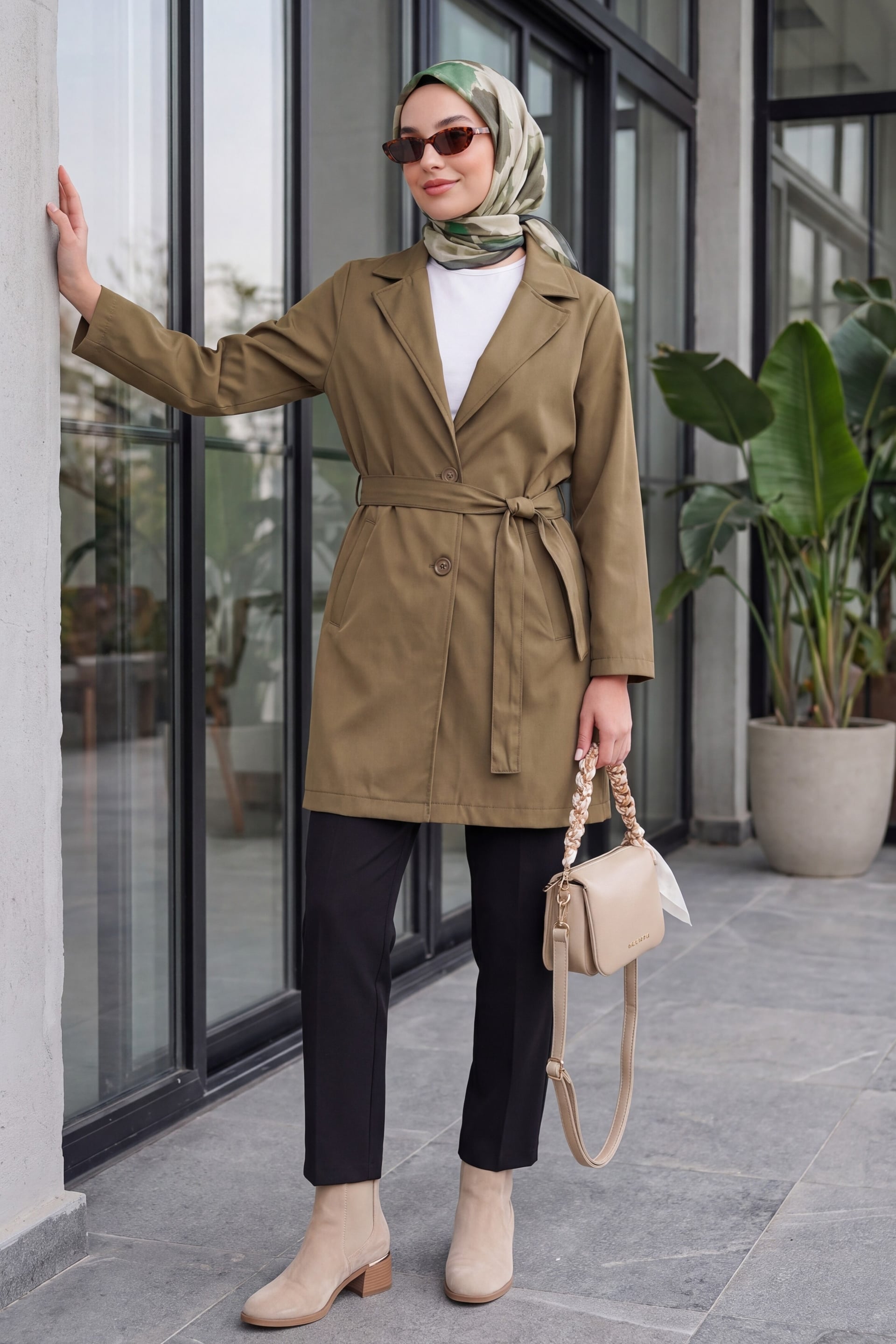 Women's Belted Short Trench Coat in Olive Green - Bigdart - by Peralane - photo 2