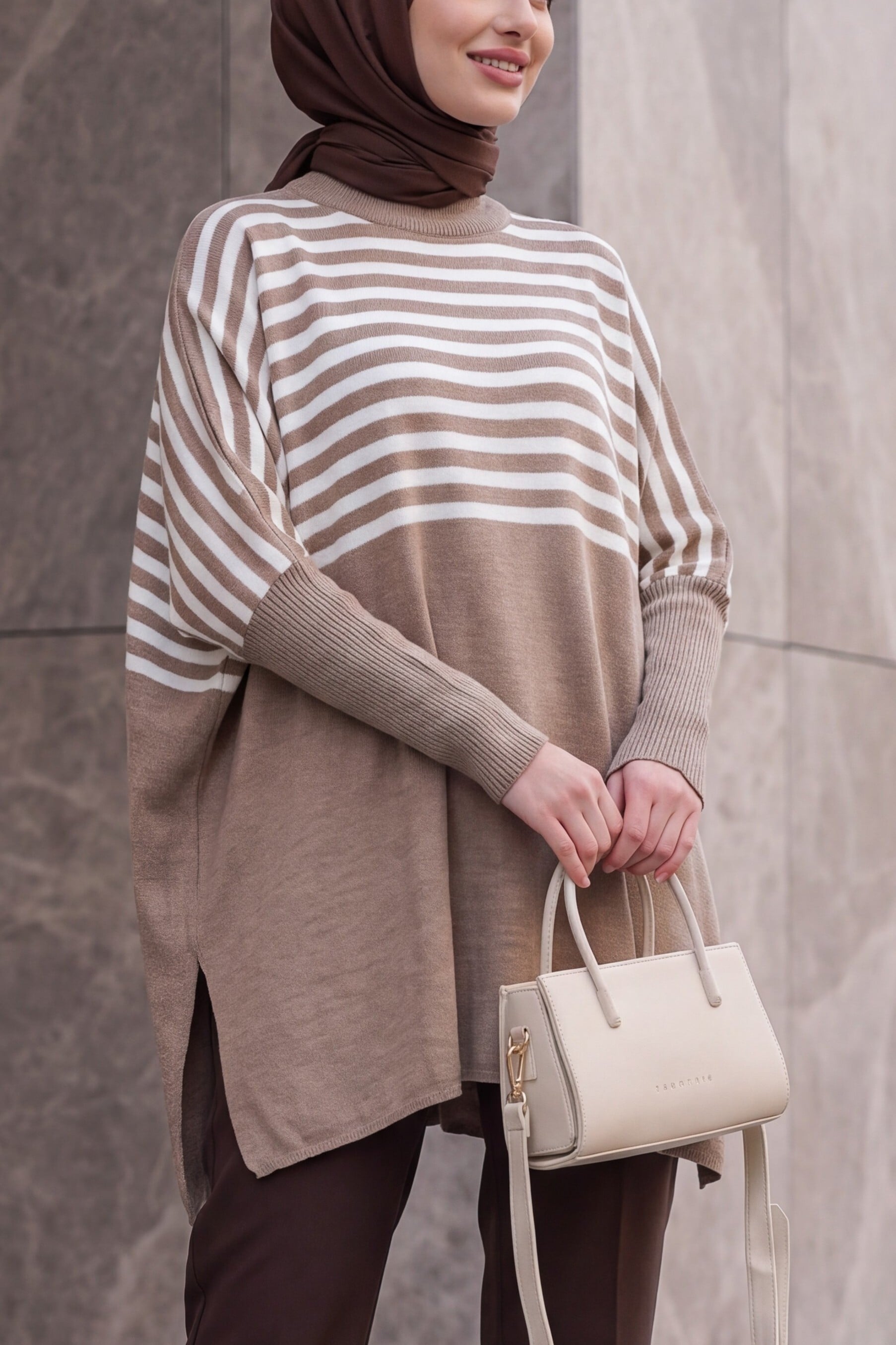 Oversize Poncho Knit Sweater with Side Slits - Brown and White Striped Tunic - Bigdart - by Peralane