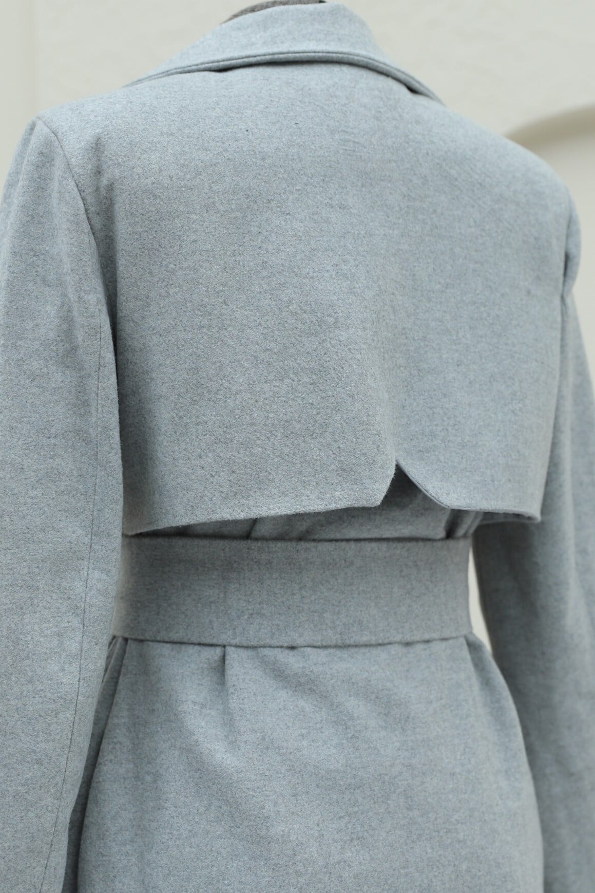 Women's Grey Double-Breasted Belted Wool Coat with Back Bolero Detail - Podyumplus - by Peralane - photo 5