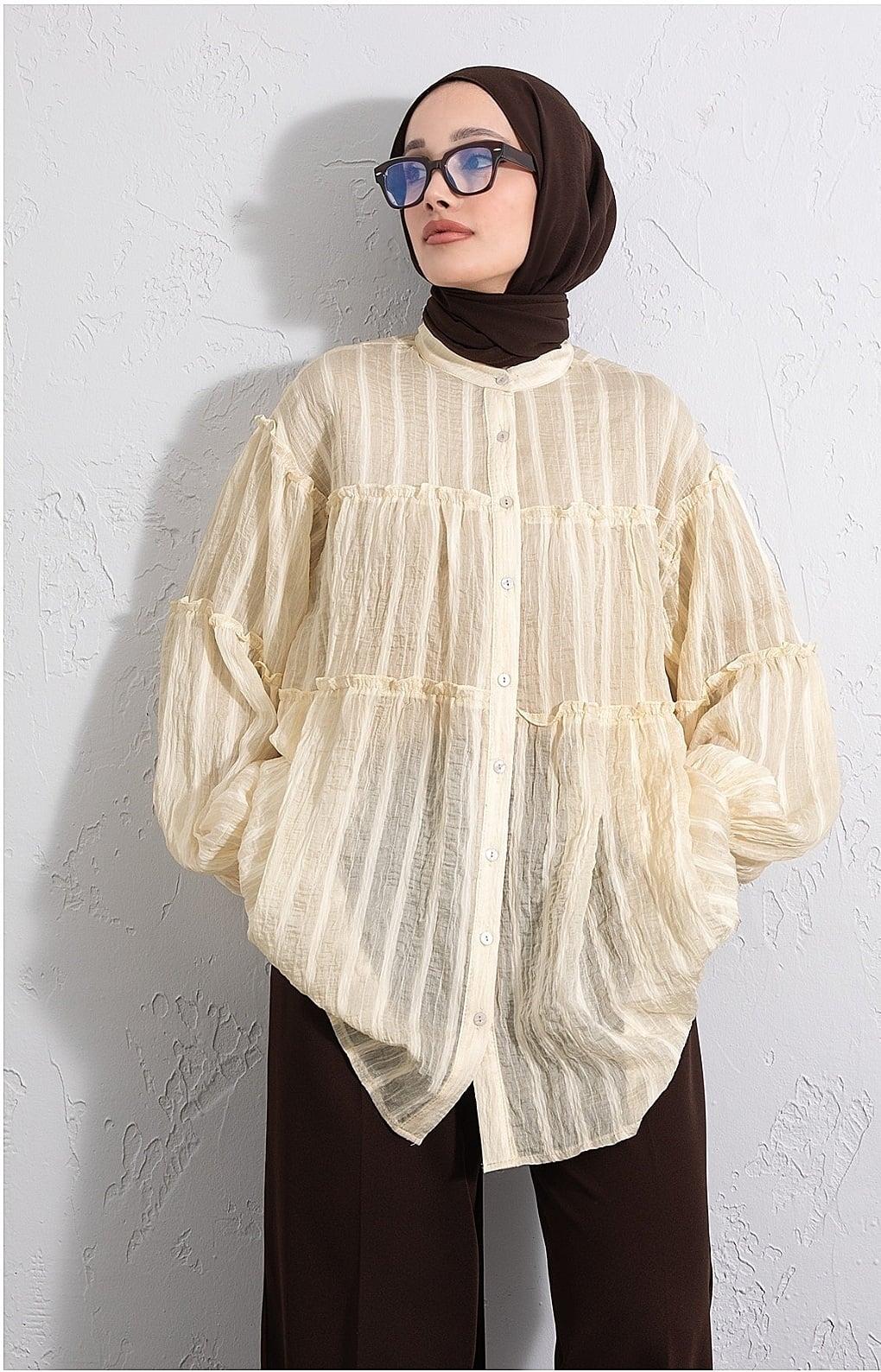 Band Collar Sequin Stripe Balloon Sleeve Oversize Gofre Tunic - Light Yellow - Podyumplus - by Peralane - photo 3