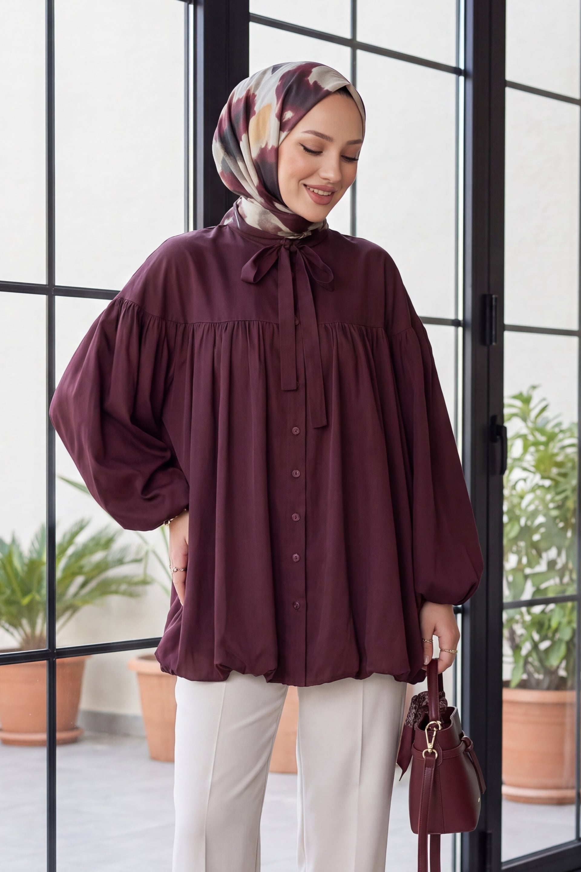 Tie-Neck Button-Front Balloon Sleeve Cupro Tunic - Deep Plum - Podyumplus - by Peralane - photo 3