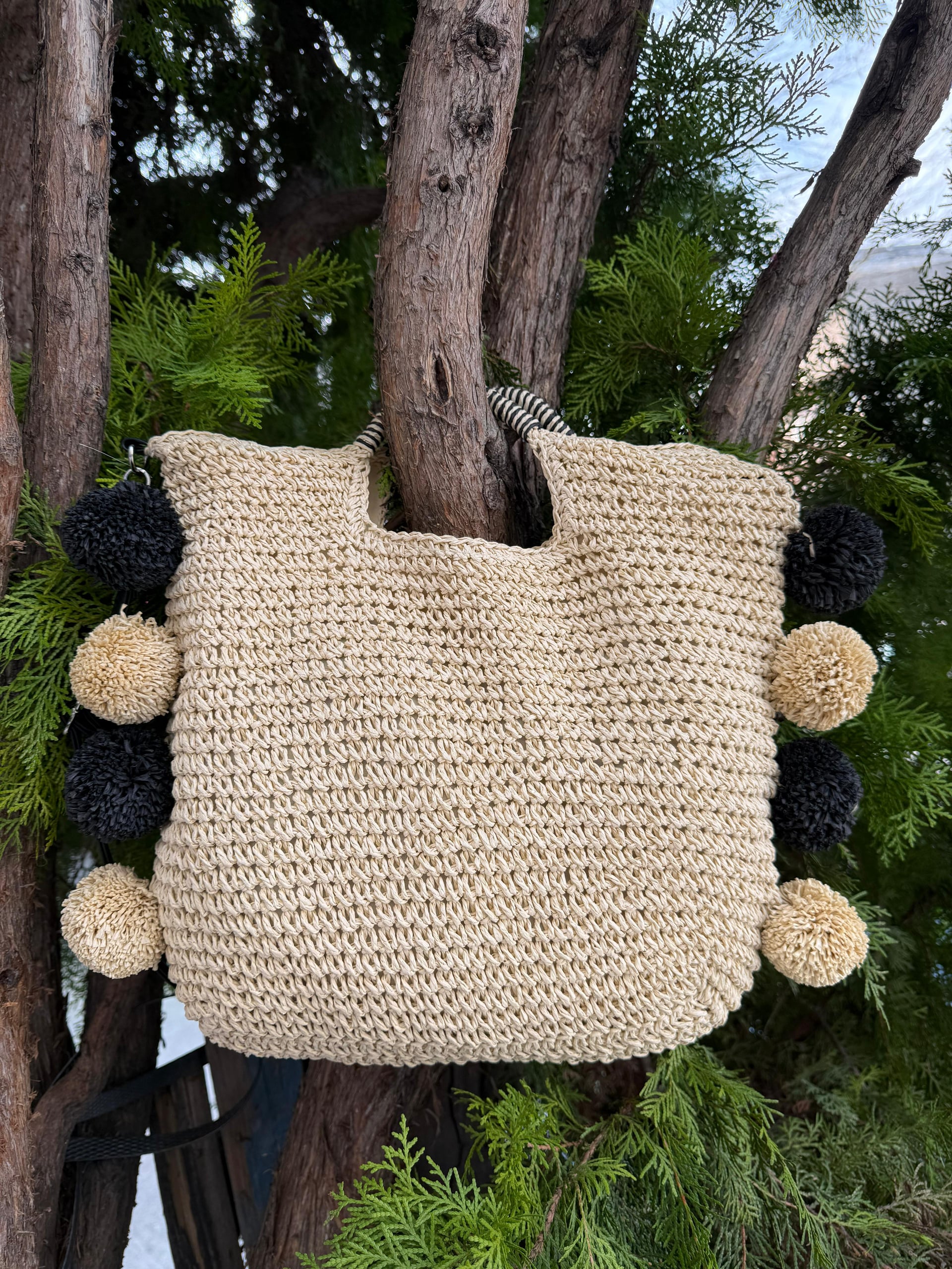 Beige Woven Straw Tote Bag with Black and White Striped Handle and Pom-Pom Trims - Nesvay - by Peralane - photo 2