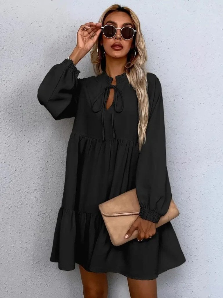 Women's Long-Sleeved Tie-Front Ruffled Linen Mini Dress - Janes - by Peralane - photo 4