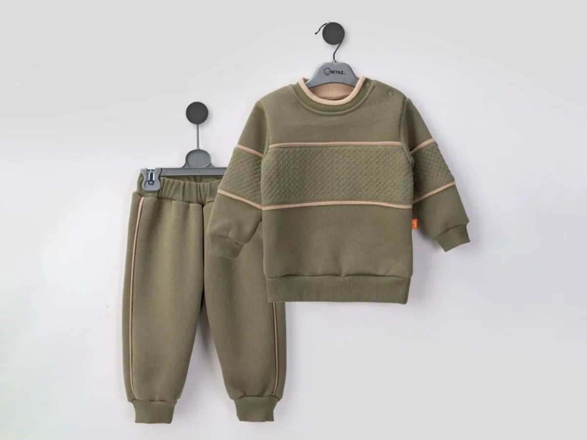 Boys' Baby 2-Piece Quilted Sweatshirt and Trousers Set - Olive Green - Beyaz Bebek - by Peralane