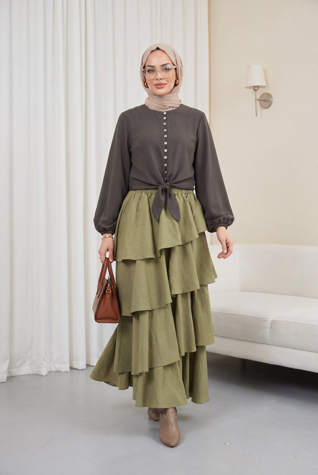 Elasticated Waist Tiered Lined Cupra Skirt - Khaki - Podyumplus - by Peralane - photo 2