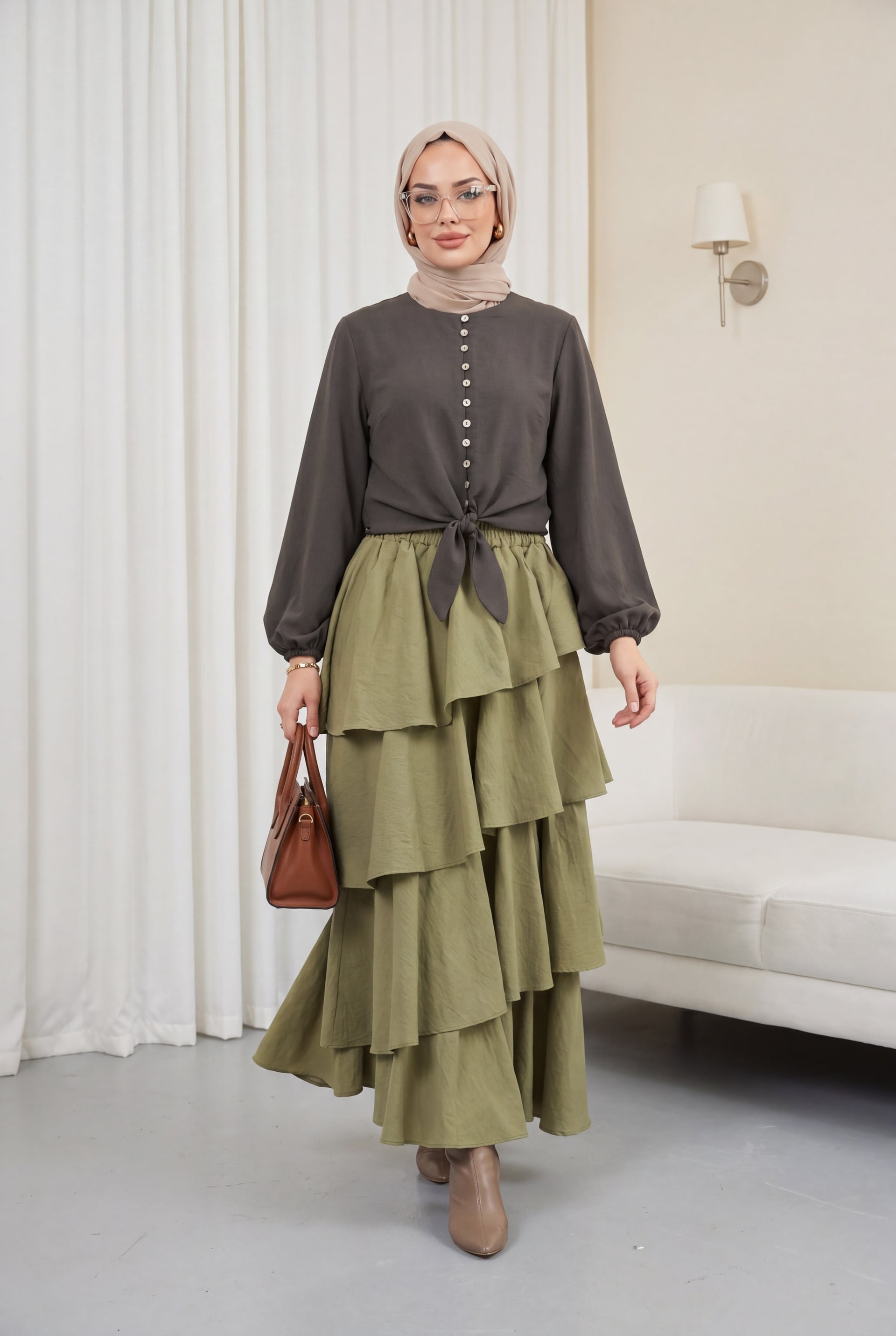 Elasticated Waist Tiered Lined Cupra Skirt - Khaki - Podyumplus - by Peralane - photo 2