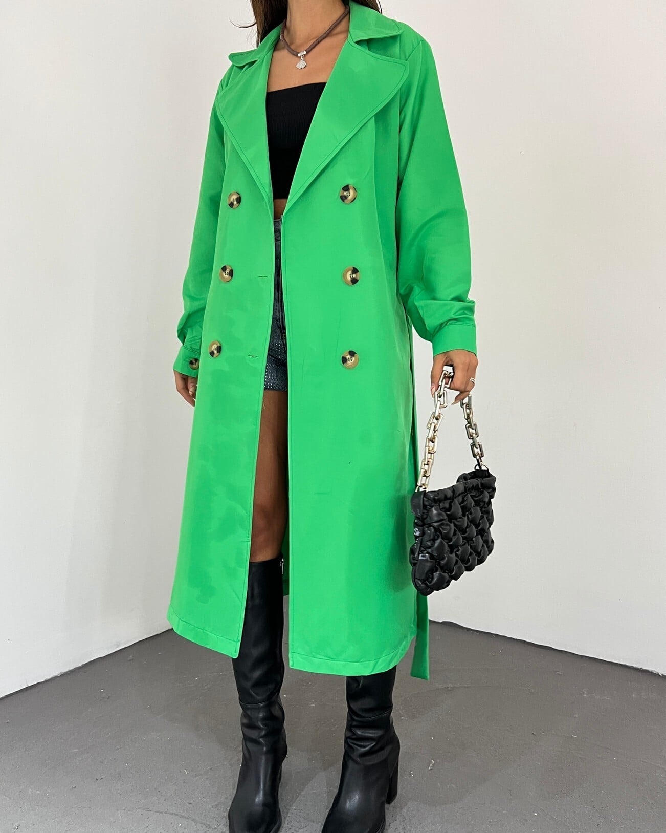 Women's Double-Breasted Belted Long Trench Coat in Green - Podyumplus - by Peralane - photo 3