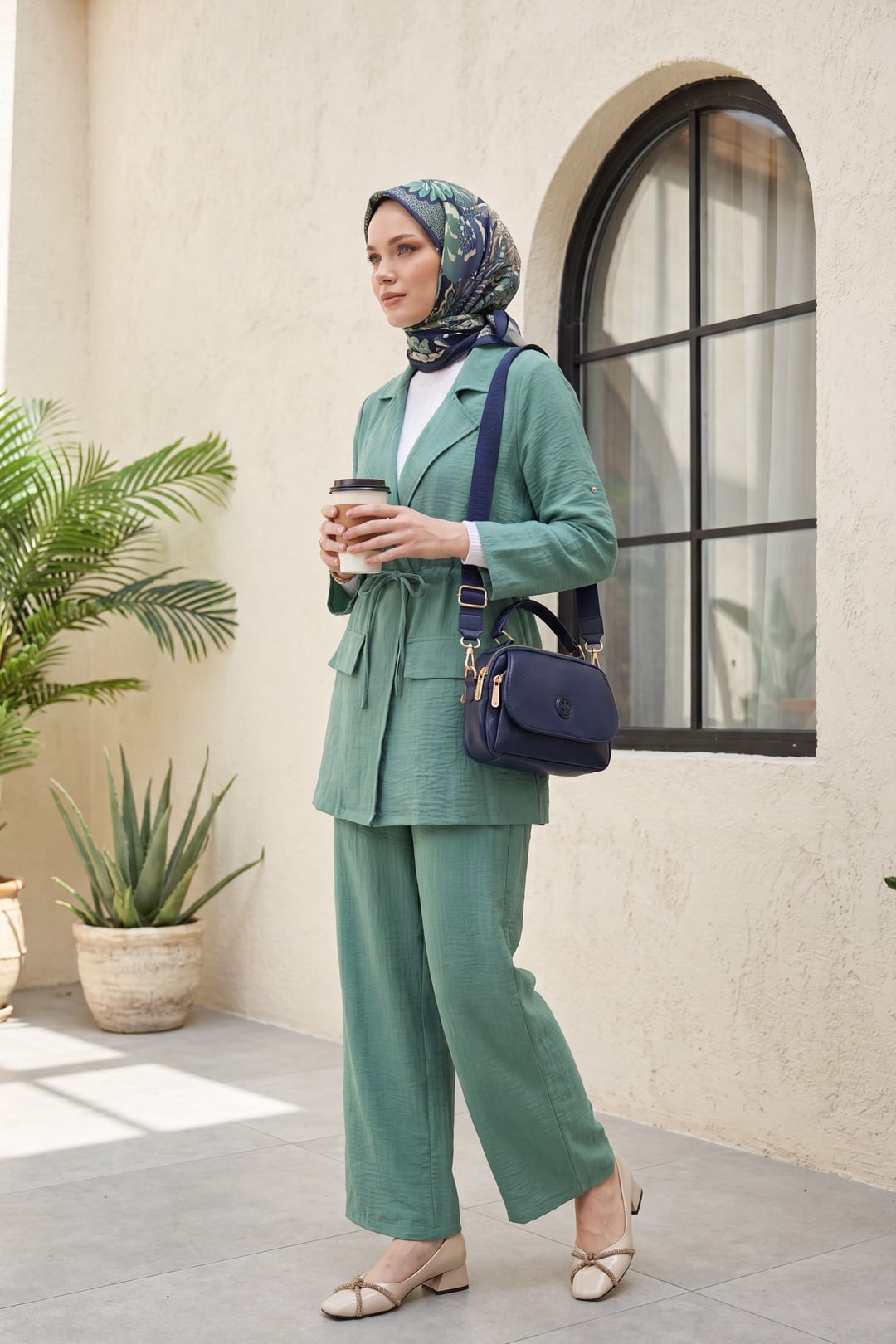 Linen Look Two-Piece Set with Jacket and Wide-Leg Trousers - Mint - Podyumplus - by Peralane - photo 3