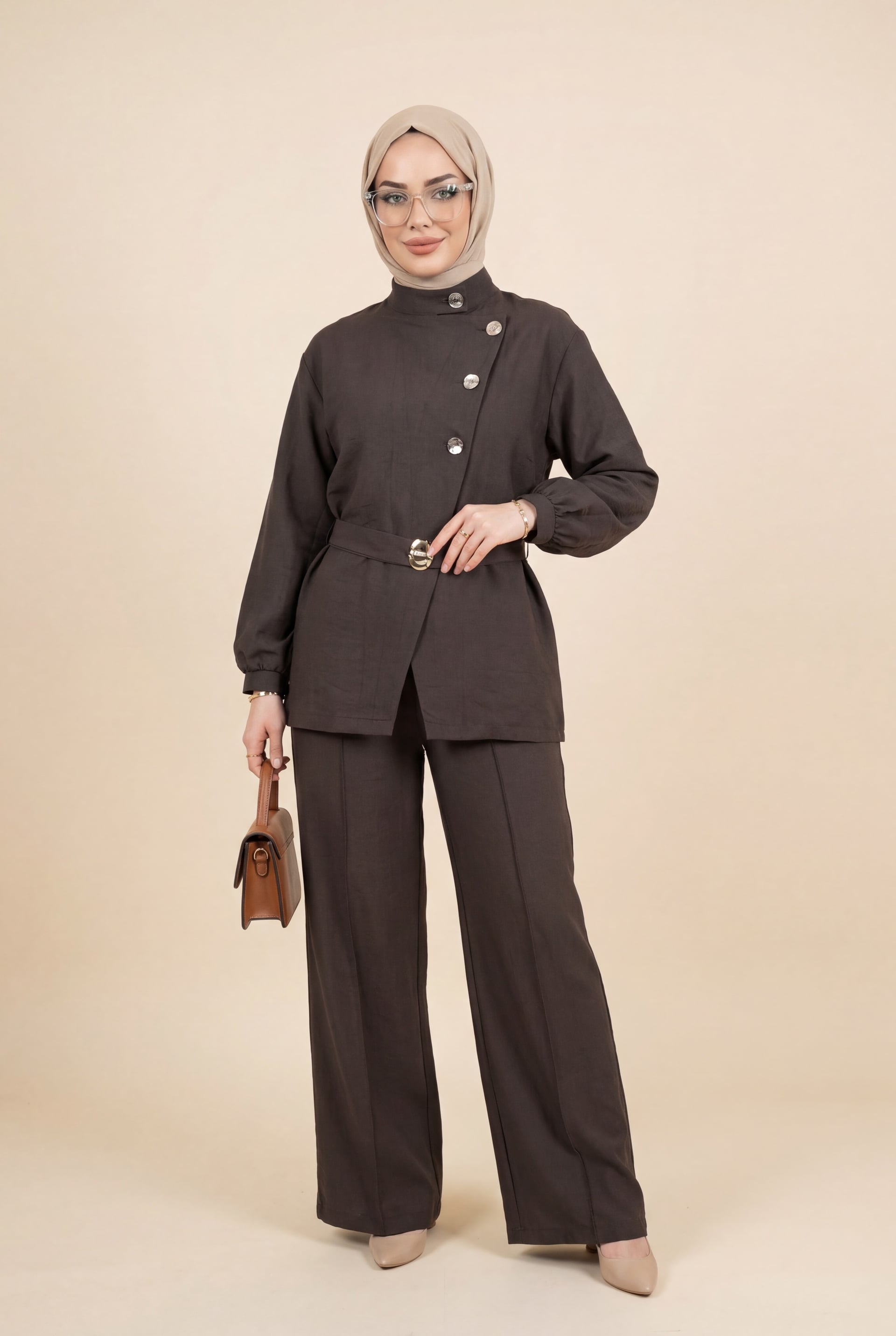 Gold Button Belted Frill Detail Tunic and Wide-Leg Trousers Set - Dark Brown - Podyumplus - by Peralane - photo 3