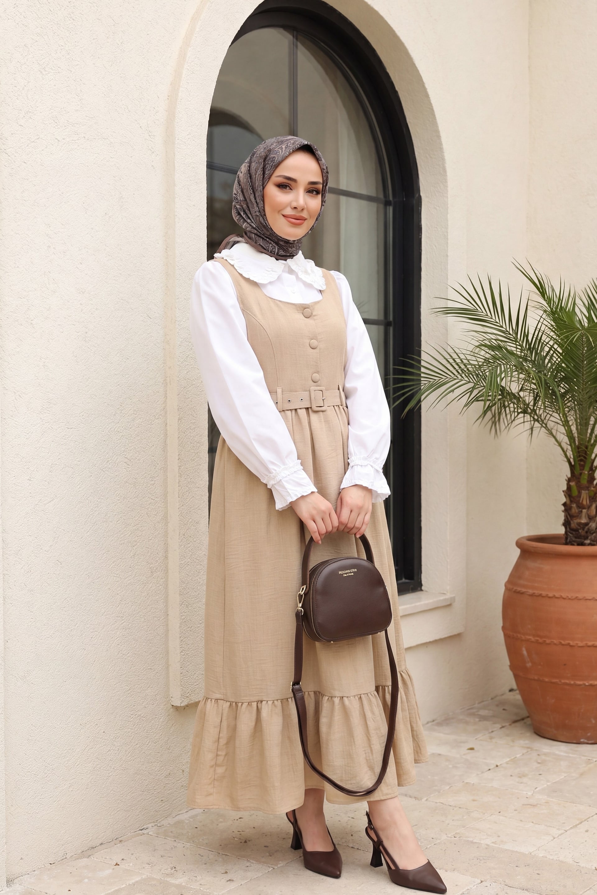 Mink Button-Front Tiered Pinafore Dress with Belt - Women's Modest Set - Podyumplus - by Peralane