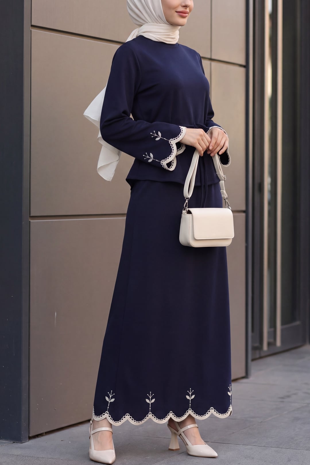 Navy Blue Embroidered Belted Two-Piece Set with Maxi Skirt - Podyumplus - by Peralane