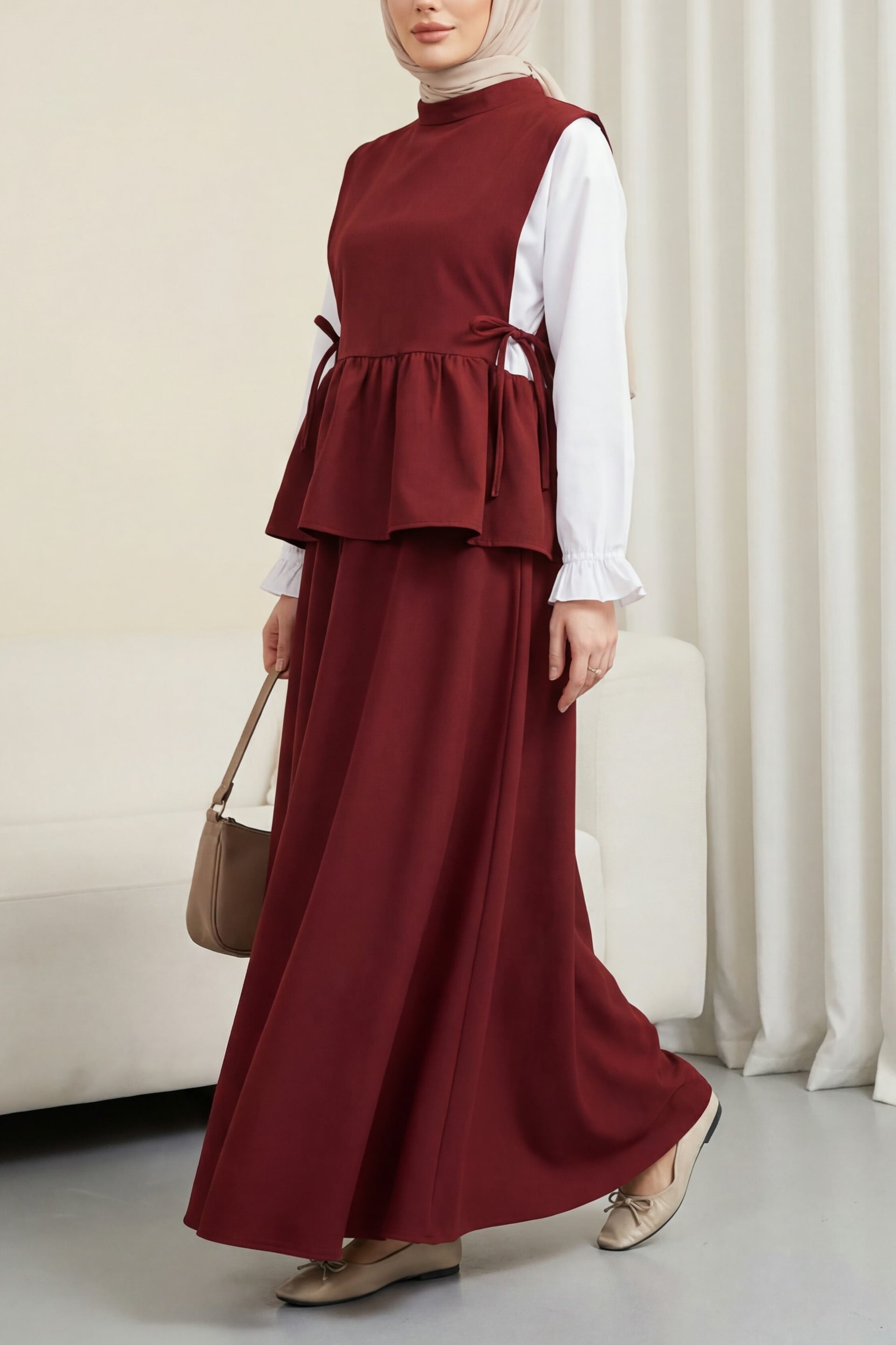Burgundy and White Two-Piece Modest Set with Shirt Detail and Ruffled Skirt - Podyumplus - by Peralane - photo 4