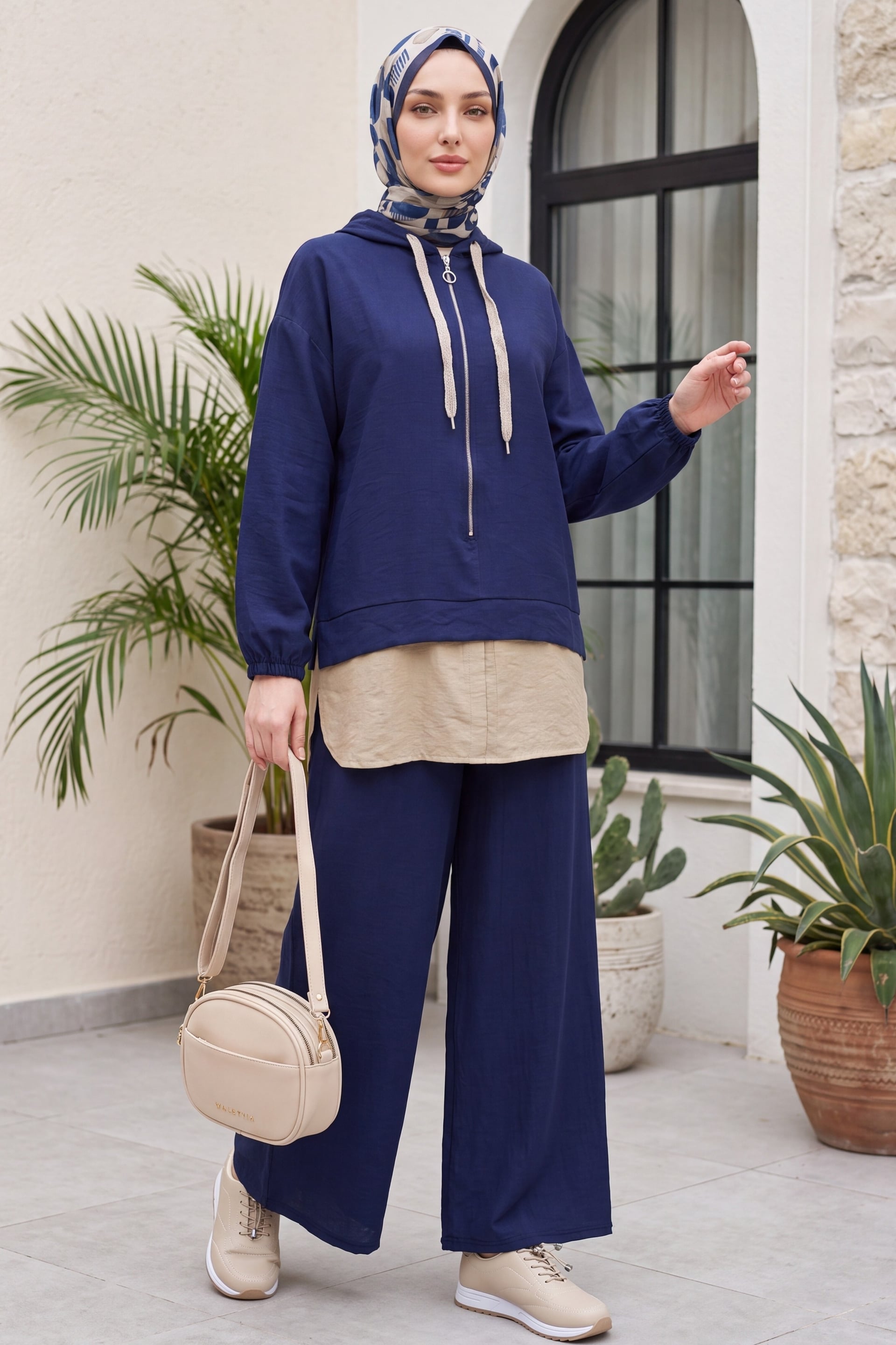 Navy Blue Half-Zip Hooded Sweatshirt and Wide-Leg Trousers Set - Podyumplus - by Peralane - photo 2