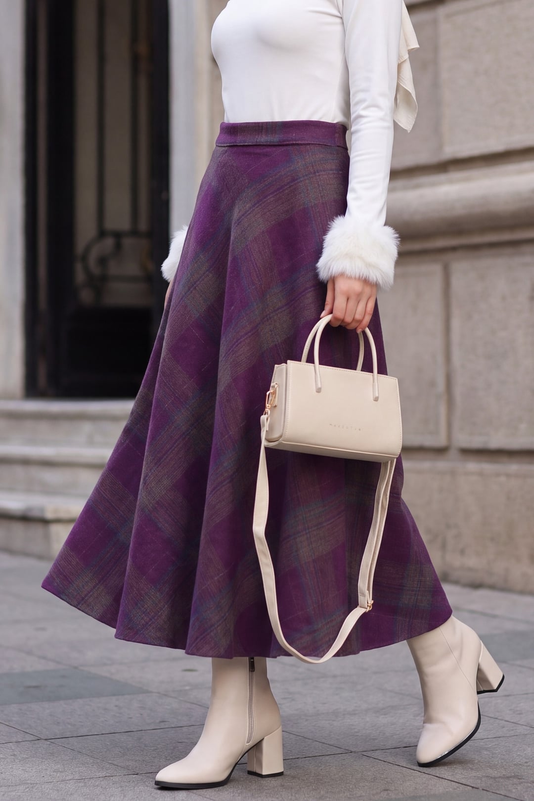 Plaid Patterned Side Zipper Flared Winter Skirt - Dark Plum - Podyumplus - by Peralane - photo 2