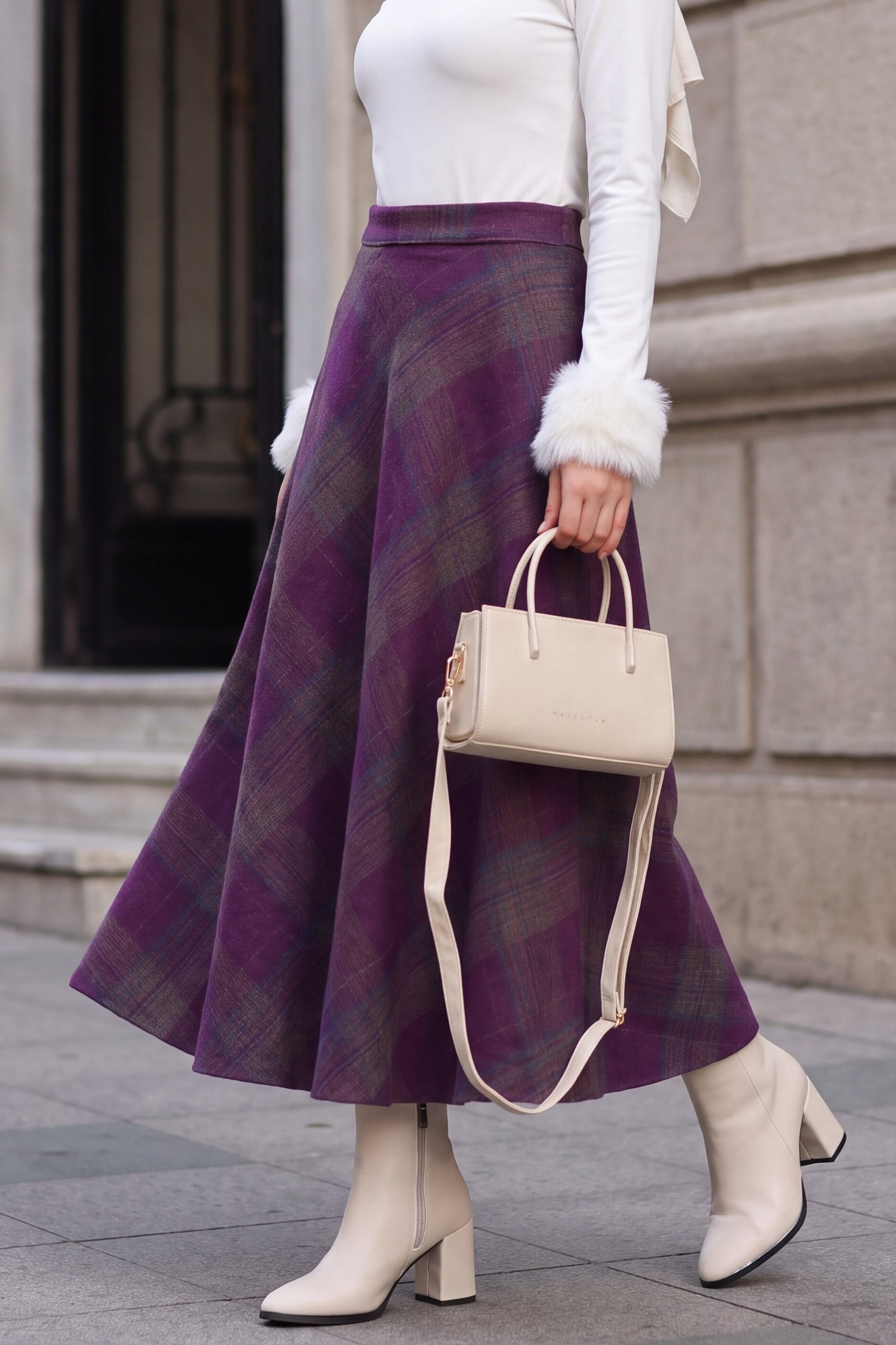 Plaid Patterned Side Zipper Flared Winter Skirt - Dark Plum - Podyumplus - by Peralane - photo 2