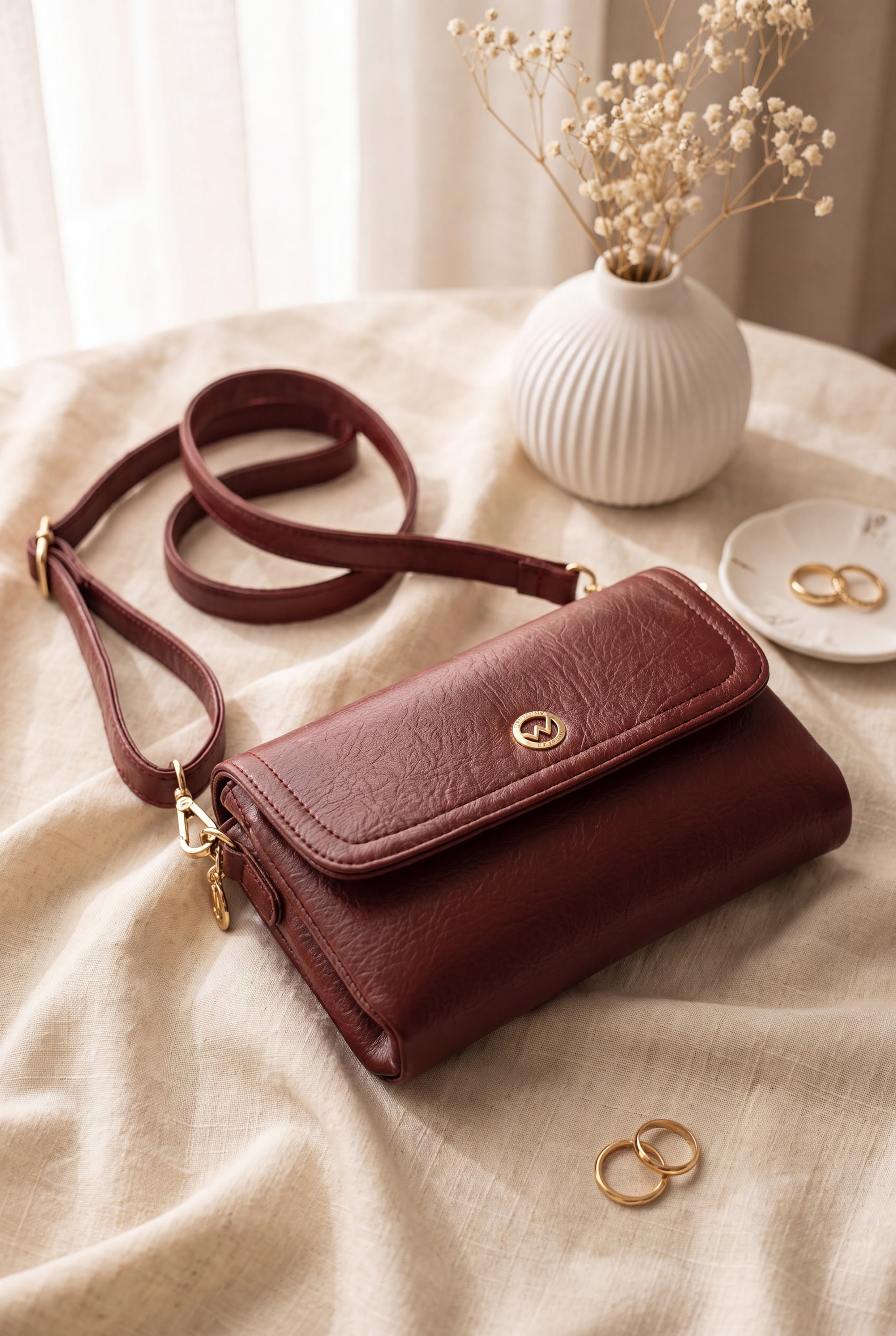 Women's Burgundy Faux Leather Crossbody Bag with Two Compartments - Podyumplus - by Peralane